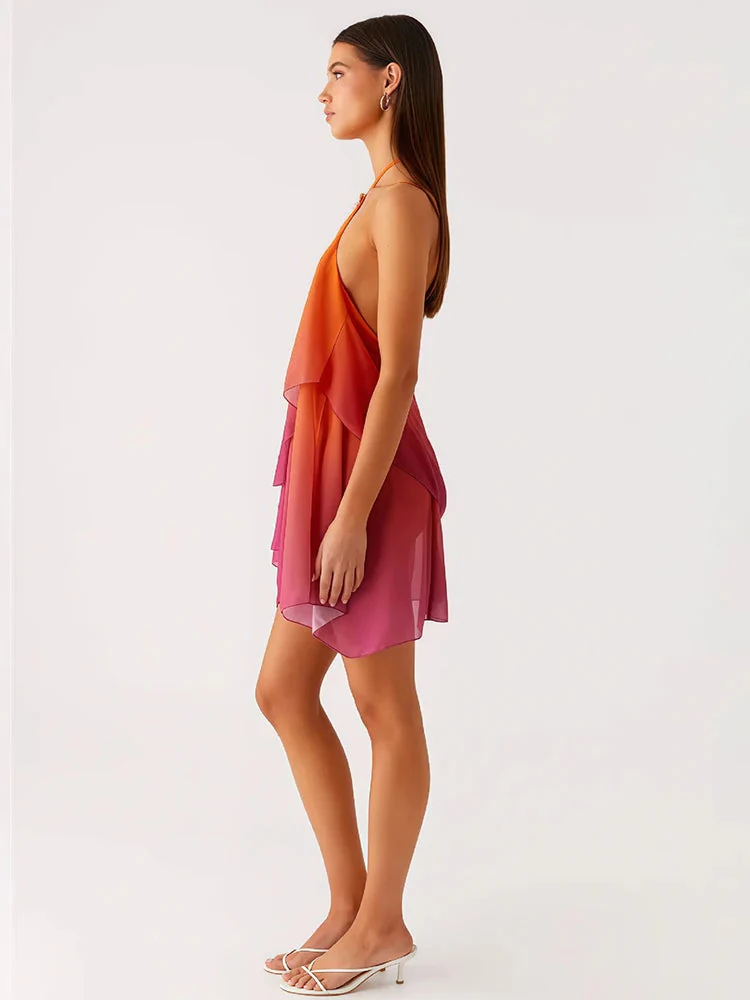Robe courte à volants dégradé rose