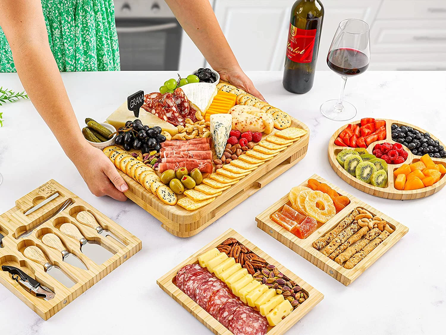 Bamboo Cheese Board Set Extra Thick Charcuterie Board 15 Piece Deluxe Set(Deluxe Set) - Image 3