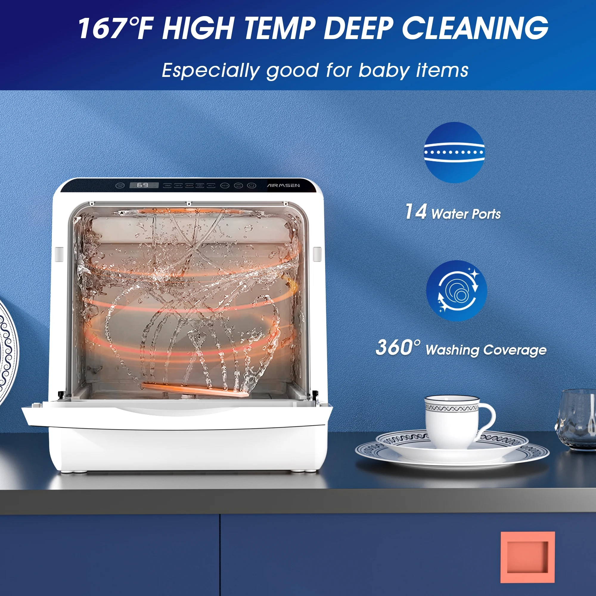 Portable Countertop Dishwasher with 5-Liter Built-in Water Tank and Air-Dry Function, 5 Washing Programs Mini Dishwasher, AE-TDQR03(White;Black) - Image 8