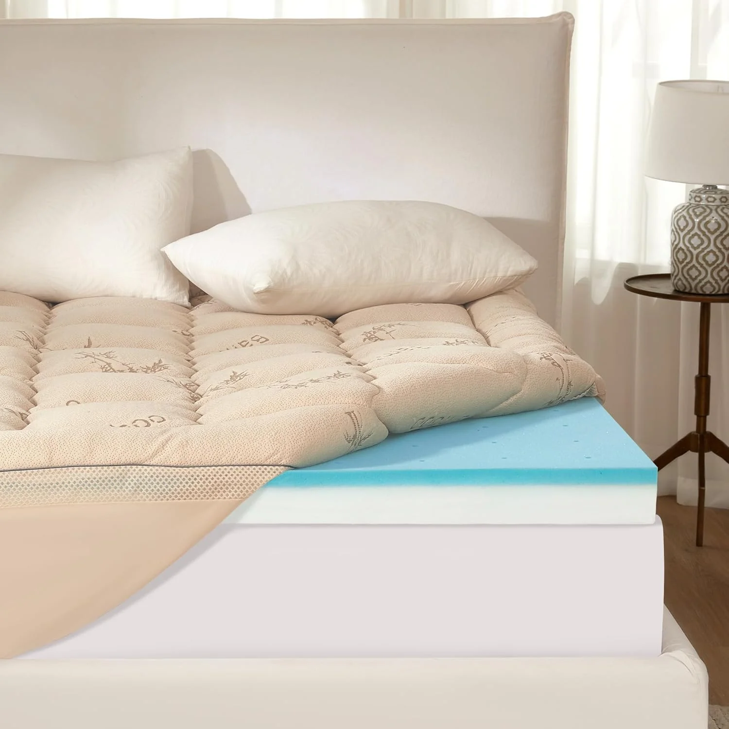 Surmatelas BEDLORE 10 cm en mousse à mémoire de forme, format King, conception double couche 2 en 1 (5 cm de mousse à mémoire de forme infusée de gel + 5 cm de surmatelas moelleux), fermeté moyenne, soulagement des points de pression et soutien du do