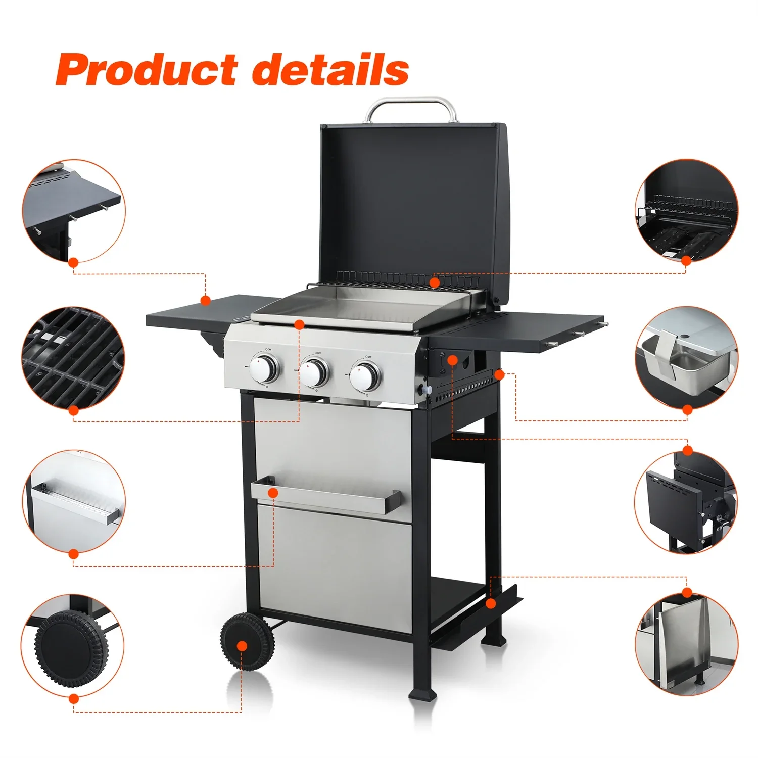 HighSound 2-Burner Propane Gas Grill, 24600 BTU Patio Garden Barbecue Grill with Stainless Steel Tray, Wire Enamel Cooking Grids & Foldable Shelves, Black