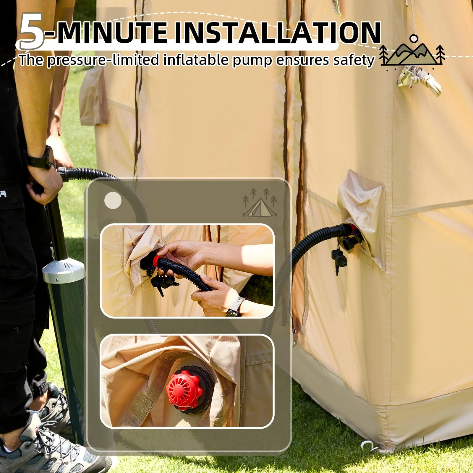12'x8' Inflatable Tent, 96 SFT Blow Up Tent for Camping, 4 Season Oxford Glamping Tents with Clear Skylight, Pump Stove Jack(300D Oxford-Beige + Skylight) - Image 9