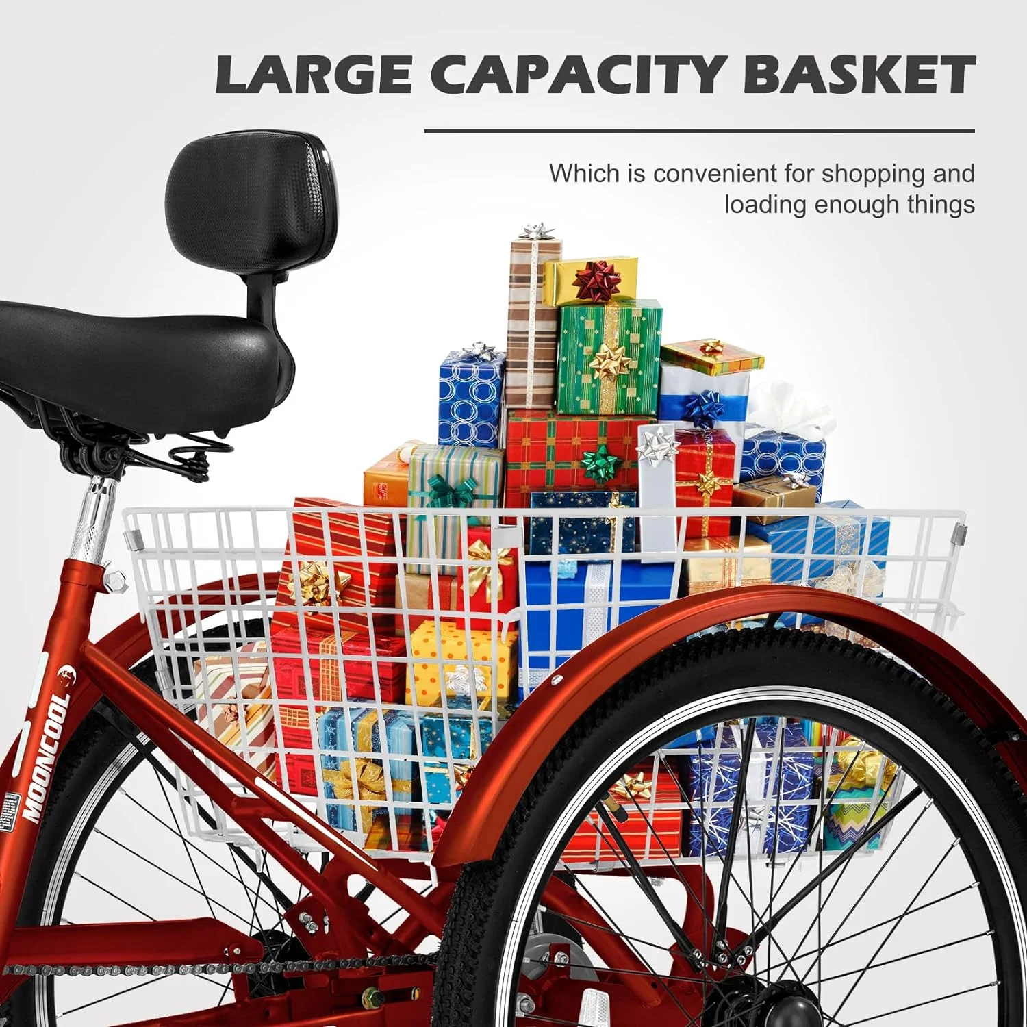 7 Speed Adult Tricycle for Women, 20/24/26 Inch Adult Trike with Basket, 3 Wheel Bikes for Adults Seniors, Cruise Trike for Shopping Picnic(20" Tire/Wine Red) - Image 10