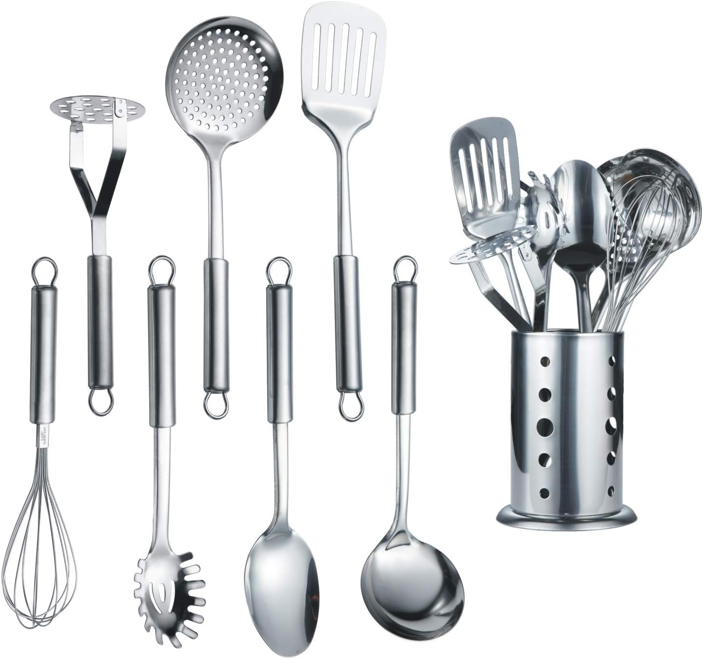 Berglander Cooking Utensil Set 8 Piece, Stainless Steel Kitchen Tool Set with Stand, Cooking Utensils, Slotted Spoon, Ladle, Skimmer, Serving Spoon, Pasta Server, Potato Masher, Egg Whisk（8 Pieces）