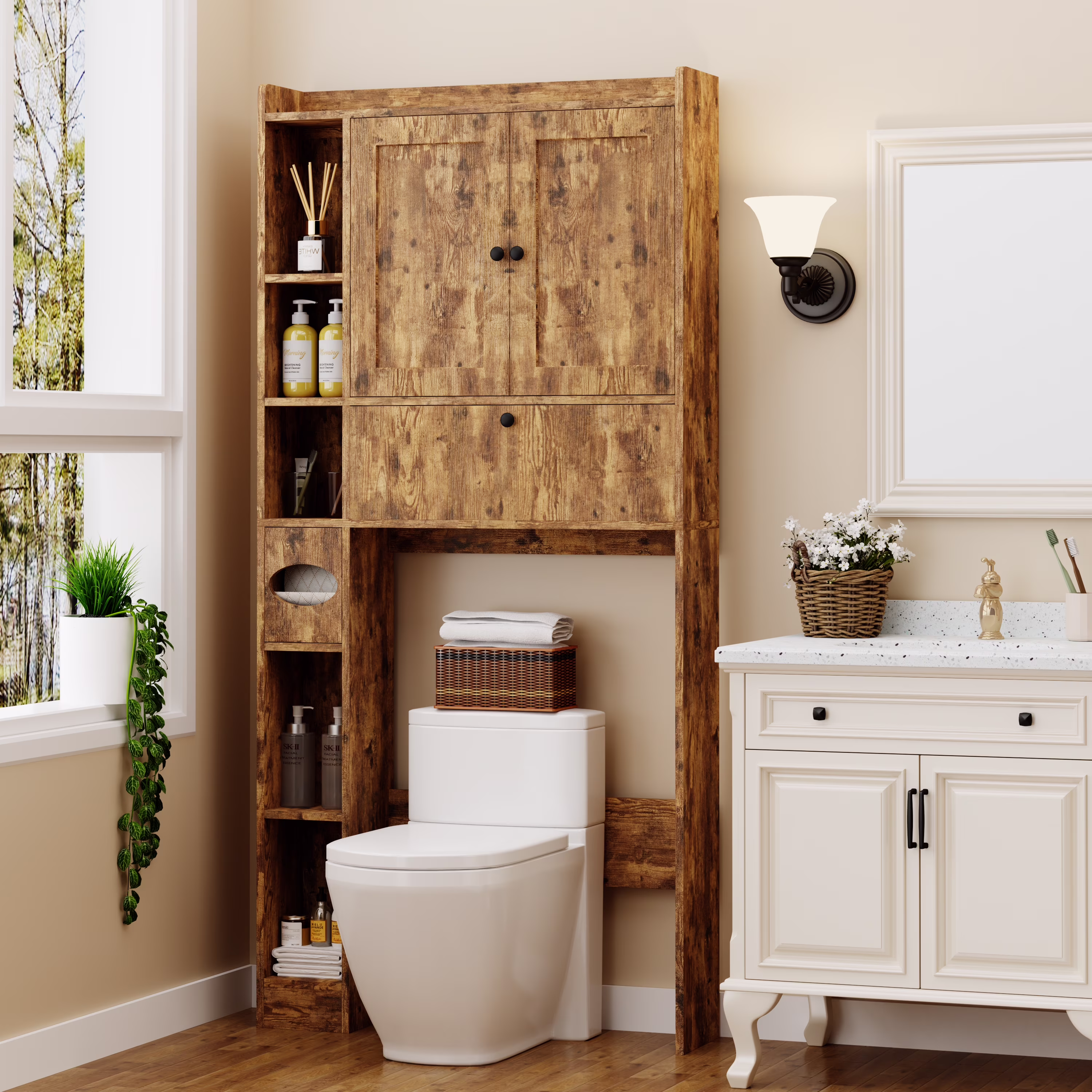 Over The Toilet Storage Cabinet,Bathroom Storage Cabinet with Wooden Doors,Bathroom Organizer Over-The-Toilet Cabinet(White)(White) - Image 3