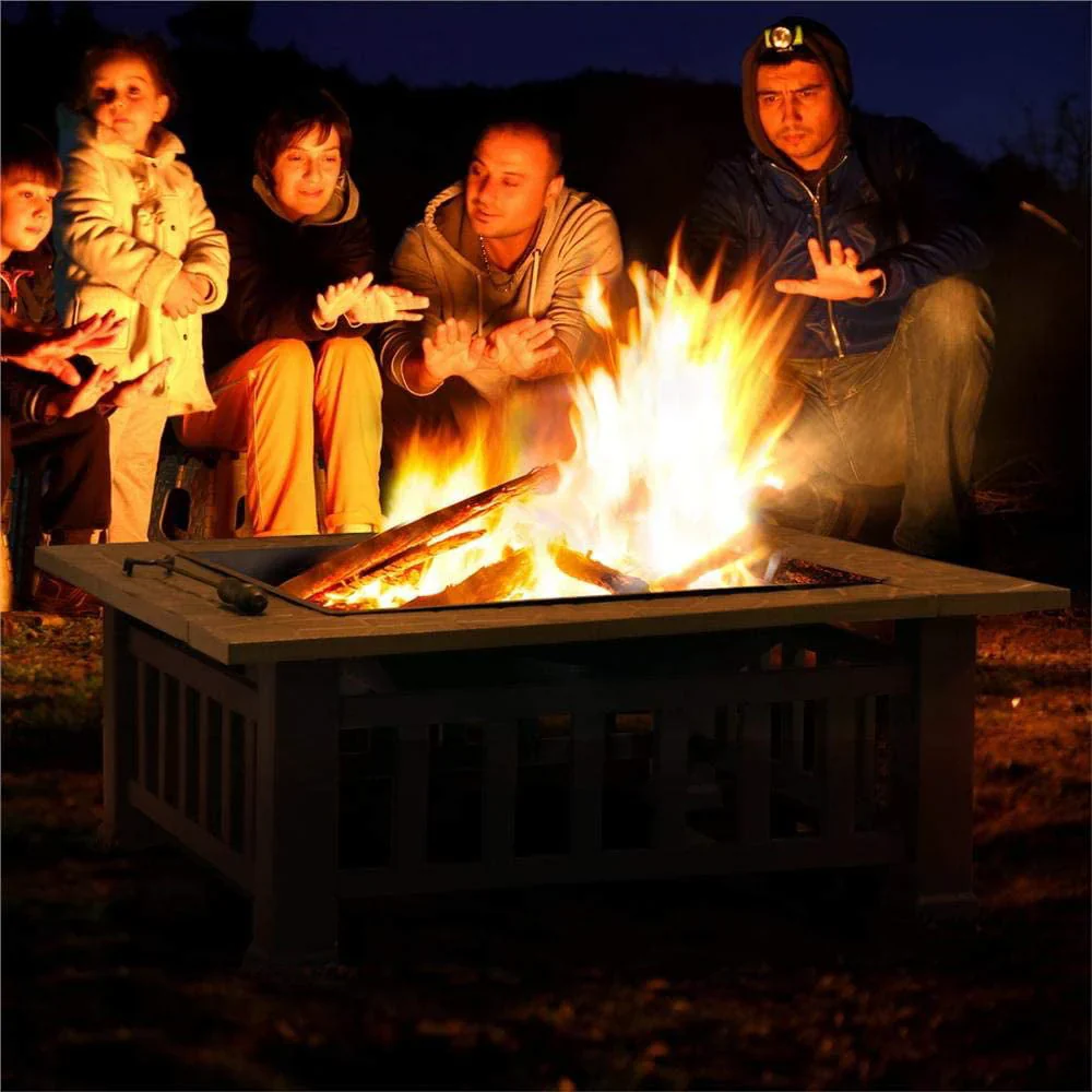 Wood Burning Fire Pits for Outside, 32 Square Iron Fire Pit Backyard Patio Garden Stove Wood Burning Fire Pit w/ BBQ Net, Waterprrof Cover, Mesh Screen Lid, Wood Grate, Poker, Durable Fire Pit