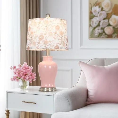 Modern Ceramic Table Lamps Set of 2, 23" White Ceramic Lamps for Living Room, Rustic Farmhouse Bedside Lamp with Ginger Jar Design, Elegant Bedroom Lamp for Nightstand Desk Side End Table Home Decor(Pink-Flower Lampshade) - Image 4