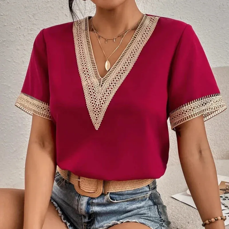 Blouse femme en dentelle et chiffon, encolure V, élégante pour bureau et brunch