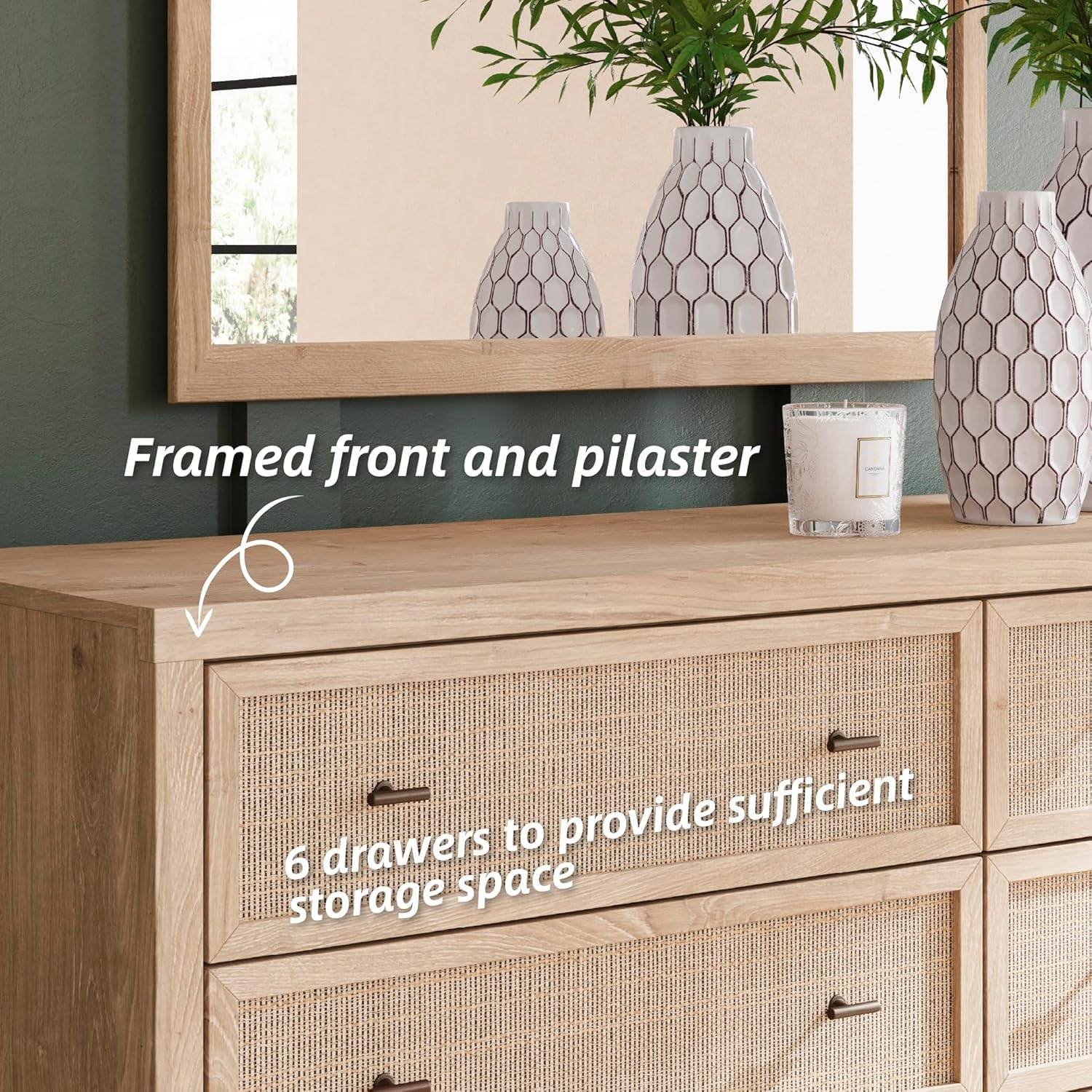 Signature Design by Ashley Cielden Coastal 6-Drawer Dresser, Bronze-Tone Knobs, Safety Stop, Textured Cane Details, 62.01