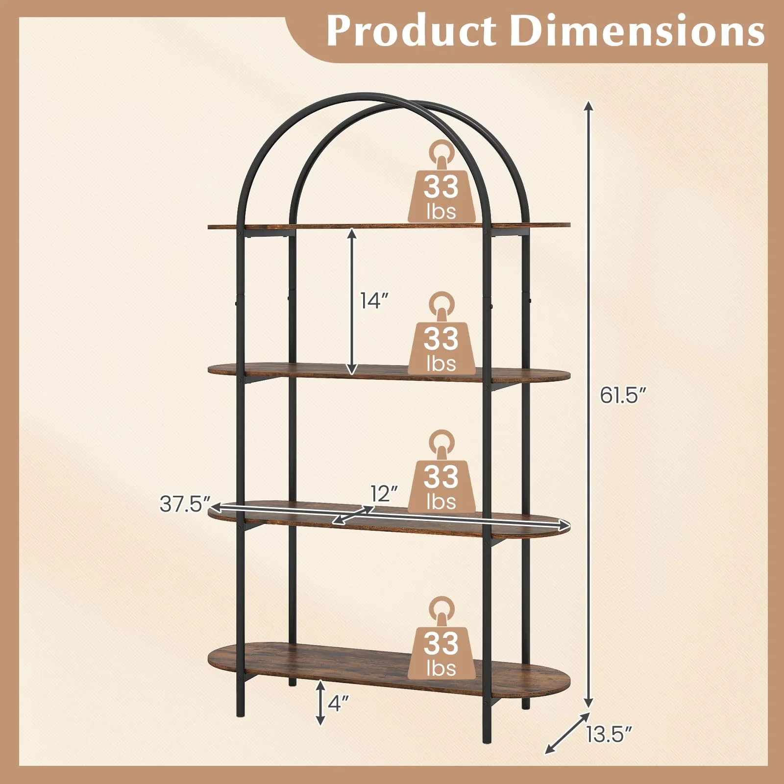 Tangkula 4-Tier Open Bookcase with Sturdy Metal Frame