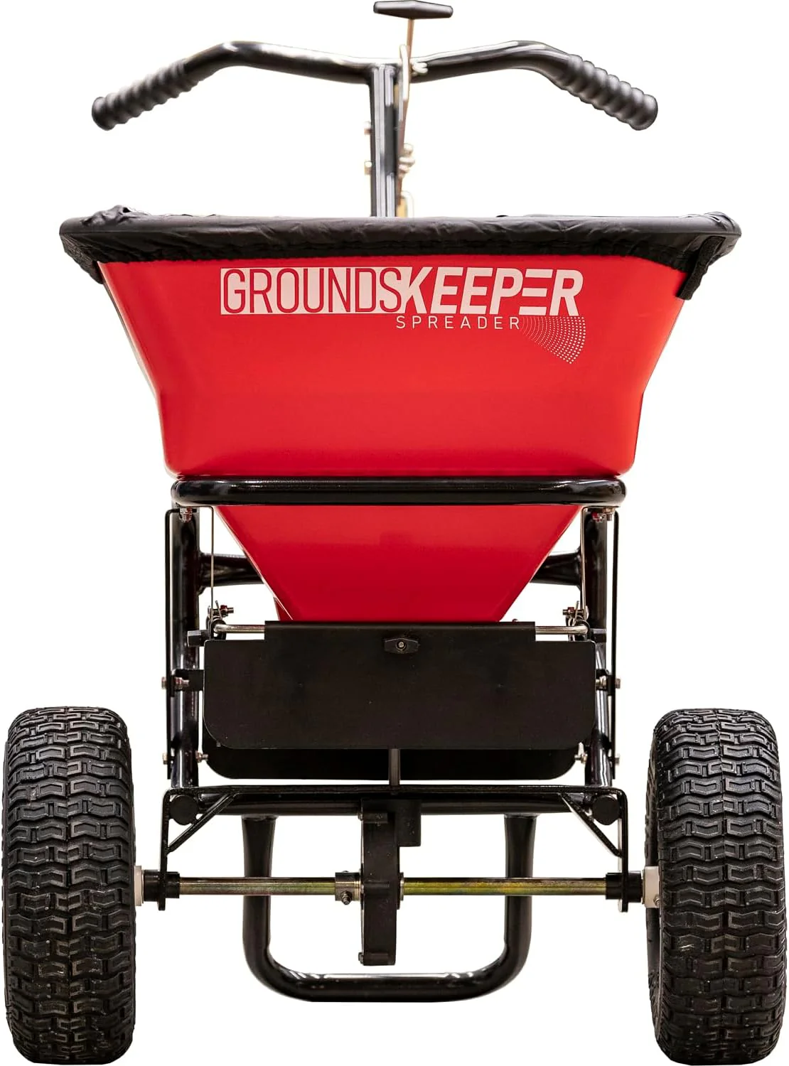 Épandeur à pousser à conducteur marchant, capacité de 100 lb, pour le sel, le dégivrage et le déneigement, grille et couvercle inclus avec boîte de vitesses fermée pour la protection.