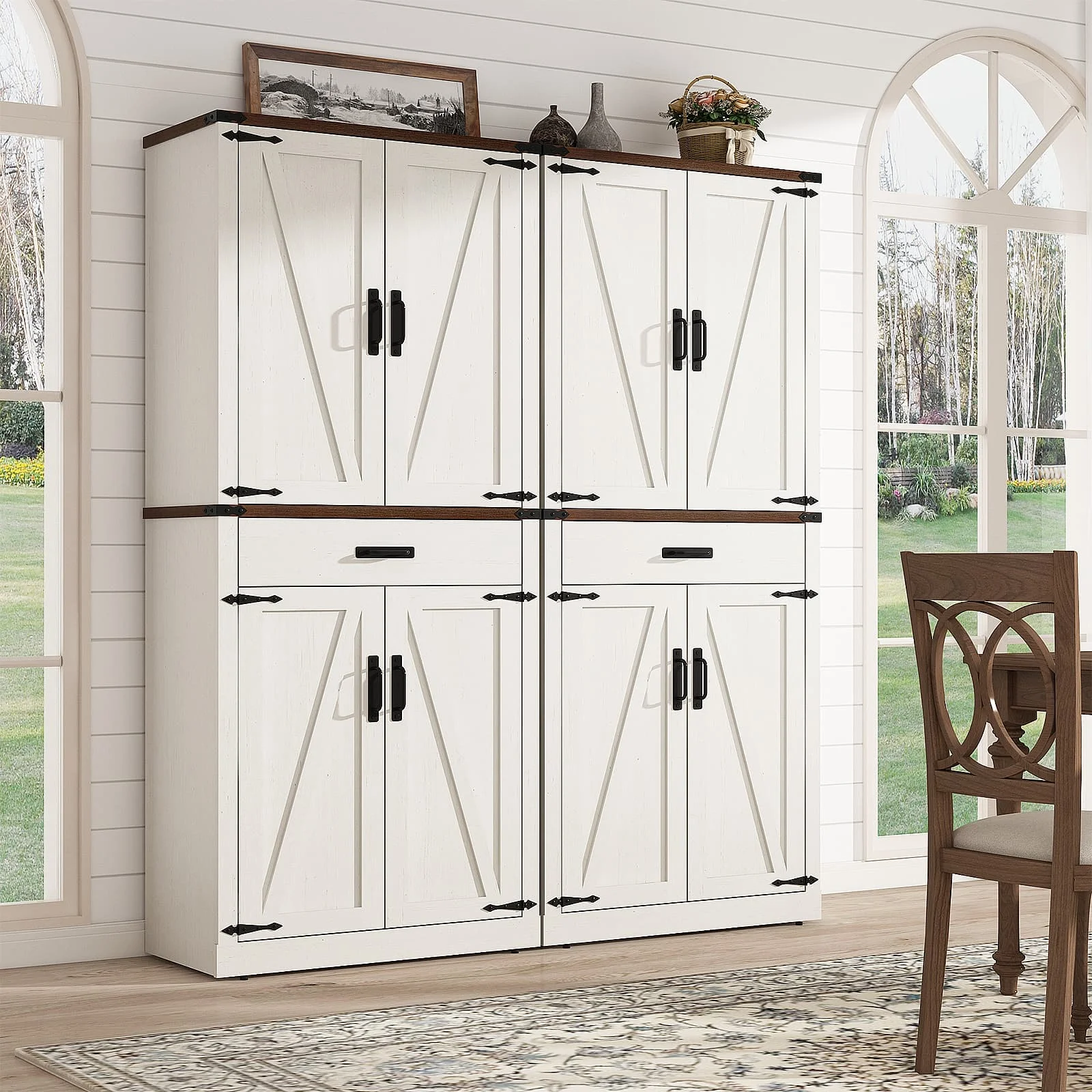 72" Tall Farmhouse Kitchen Pantry Cabinet w/1 Drawer 4 Roomy Storage Shelves, Versatile Wood Storage Cabinet with 4 Barn Door Adjustable Shelves for Dining Room Bathroom Utility Room(White) - Image 9