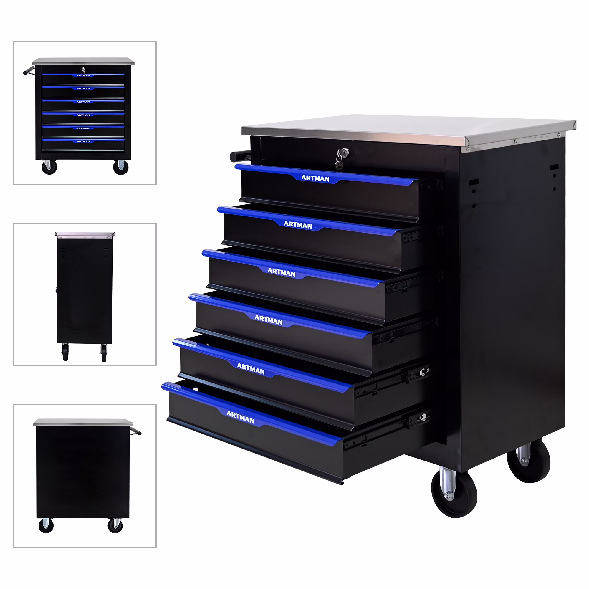 Tool Chest, 6-Drawer Rolling Tool Storage Cabinet with Wheels, Detachable Lockable Tool Box, Metal Tool Cart for Garage Workshop, Black Blue