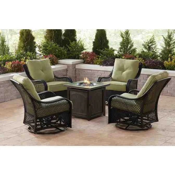Ensemble de conversation 5 pièces en acier avec foyer extérieur, coussins bleu marine, fauteuils pivotants et table de foyer carrée (collection 2025).