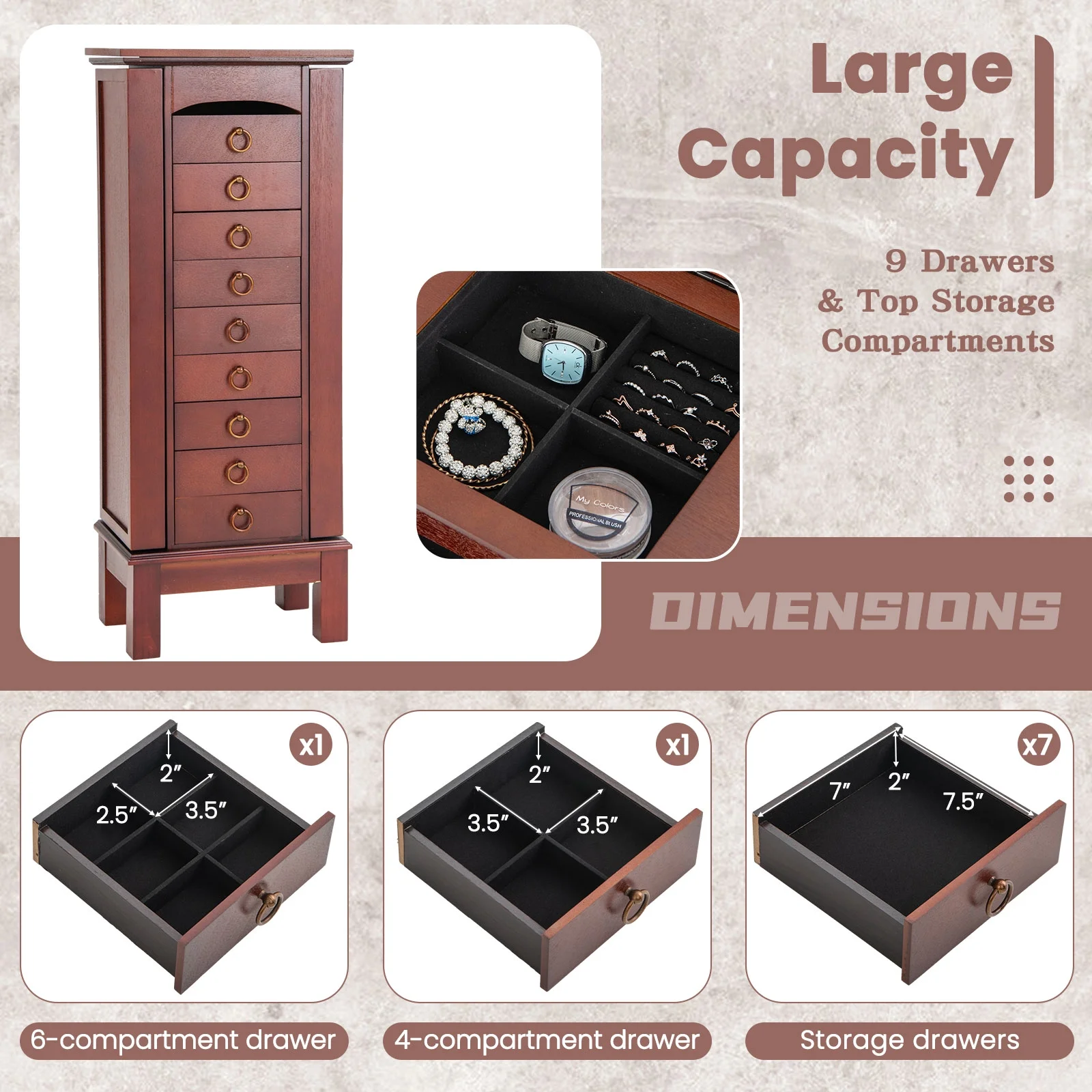 Wood Jewelry Cabinet Armoire Storage Box Chest Stand Organizer Indoor Bedroom - Image 6