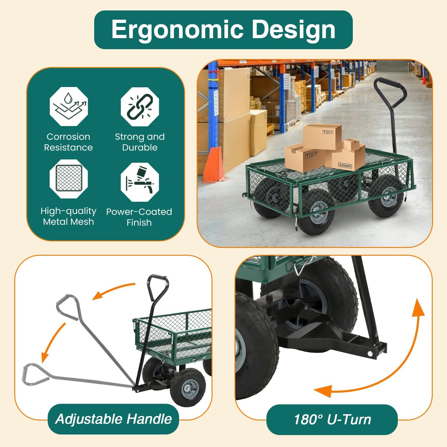 FDW| Heavy Duty Garden Cart with Wheels| Green| 500lbs Capacity