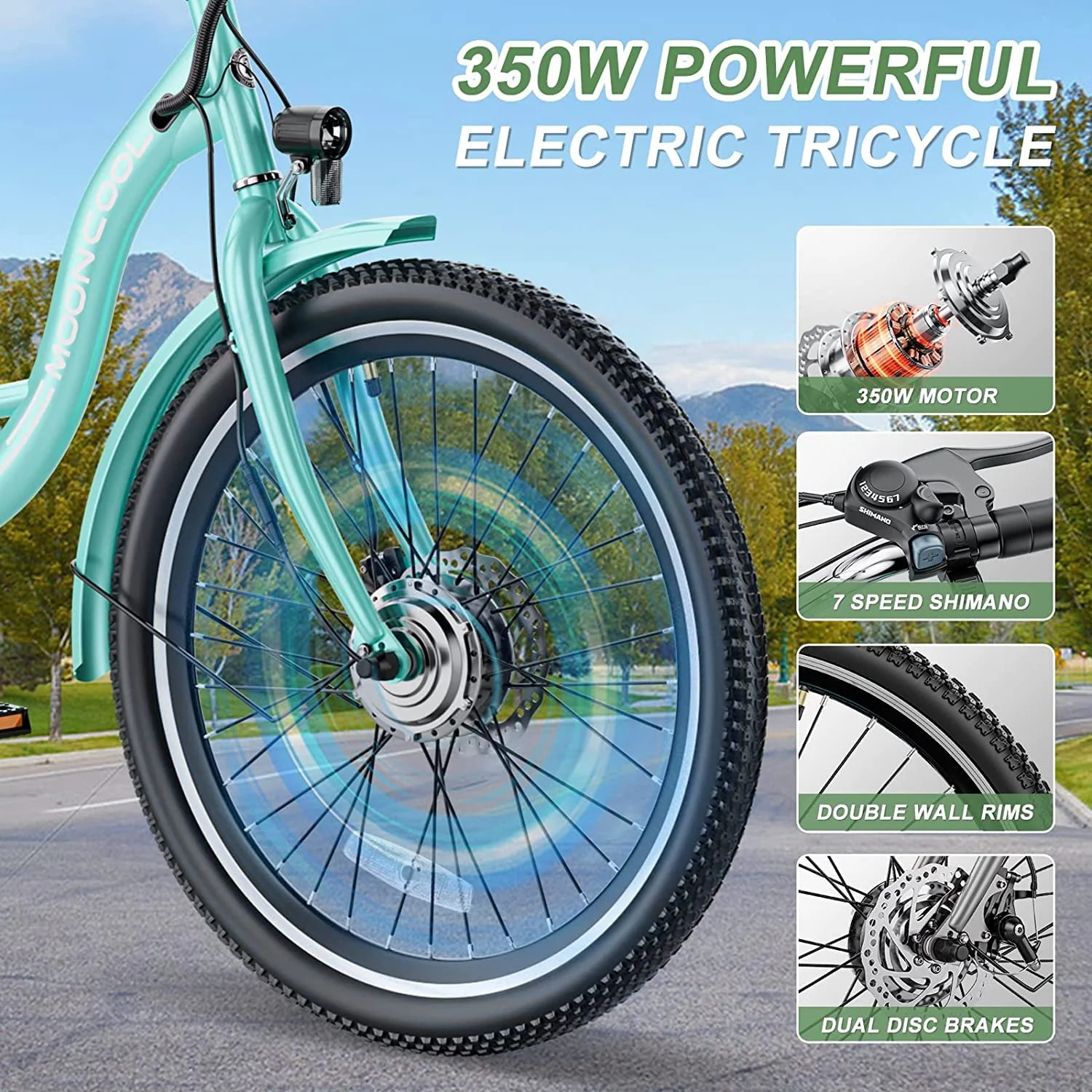 350W Motorized Electric Trike, 7 Speed 3 Wheel Electric Bicycle with 36V 10Ah Lithium Battery UL Certified, 24" Electric Tricycle for Adults with Rear Basket Image 2