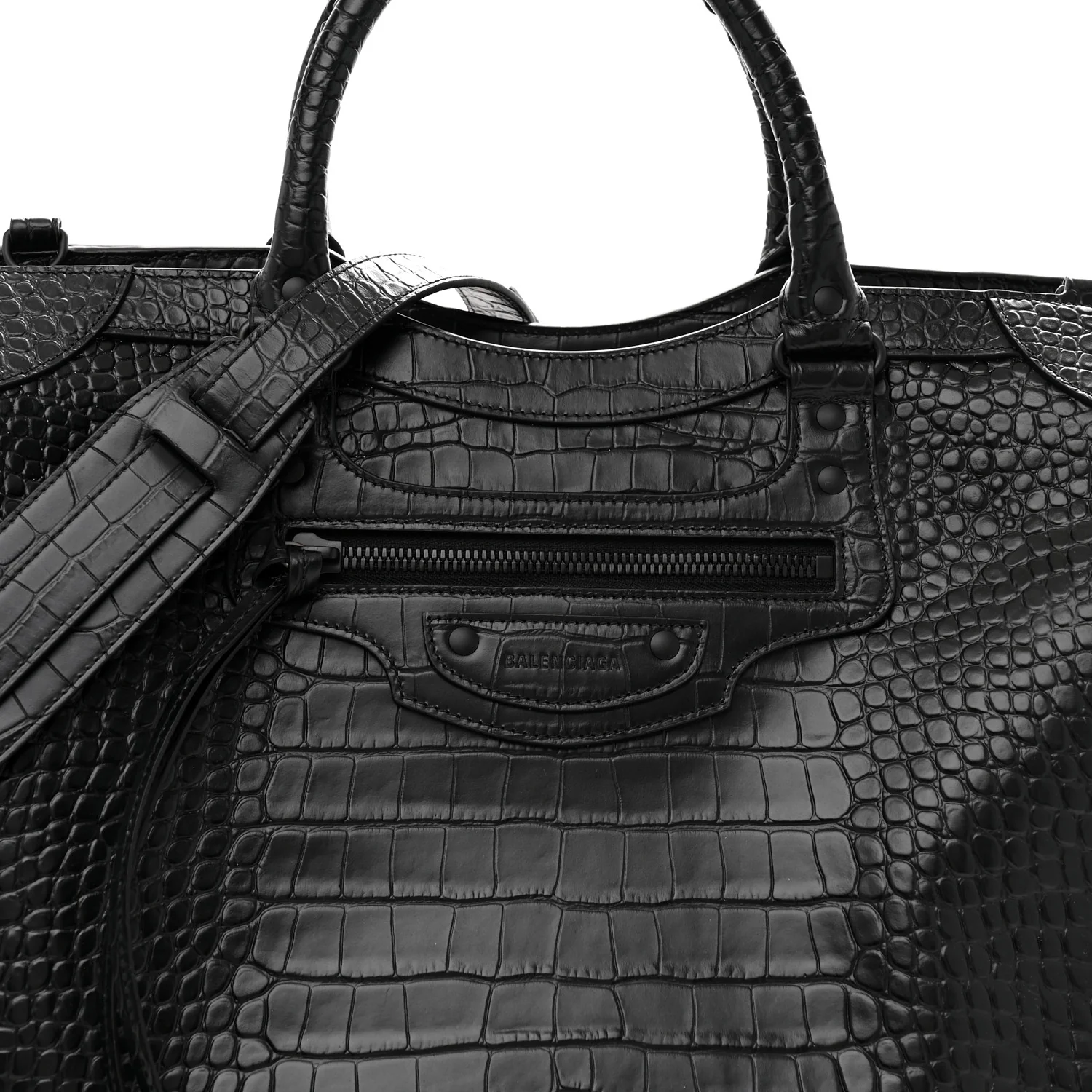 Semi Matte Calfskin Crocodile Embossed Neo Classic Black Hardware Large City Black