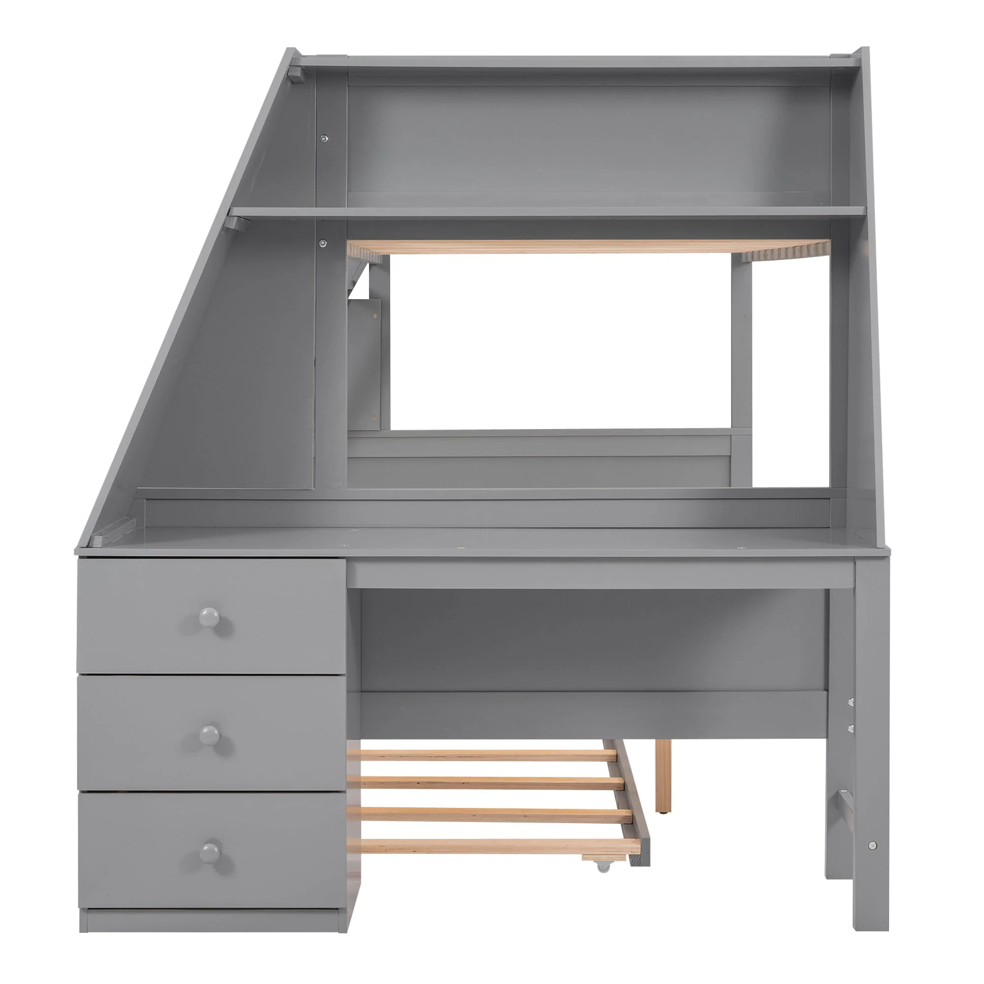 Twin over Full Bunk Bed with Trundle, Built-in Desk with Bookcase and 3 Drawers for Kids, Gray - Image 8