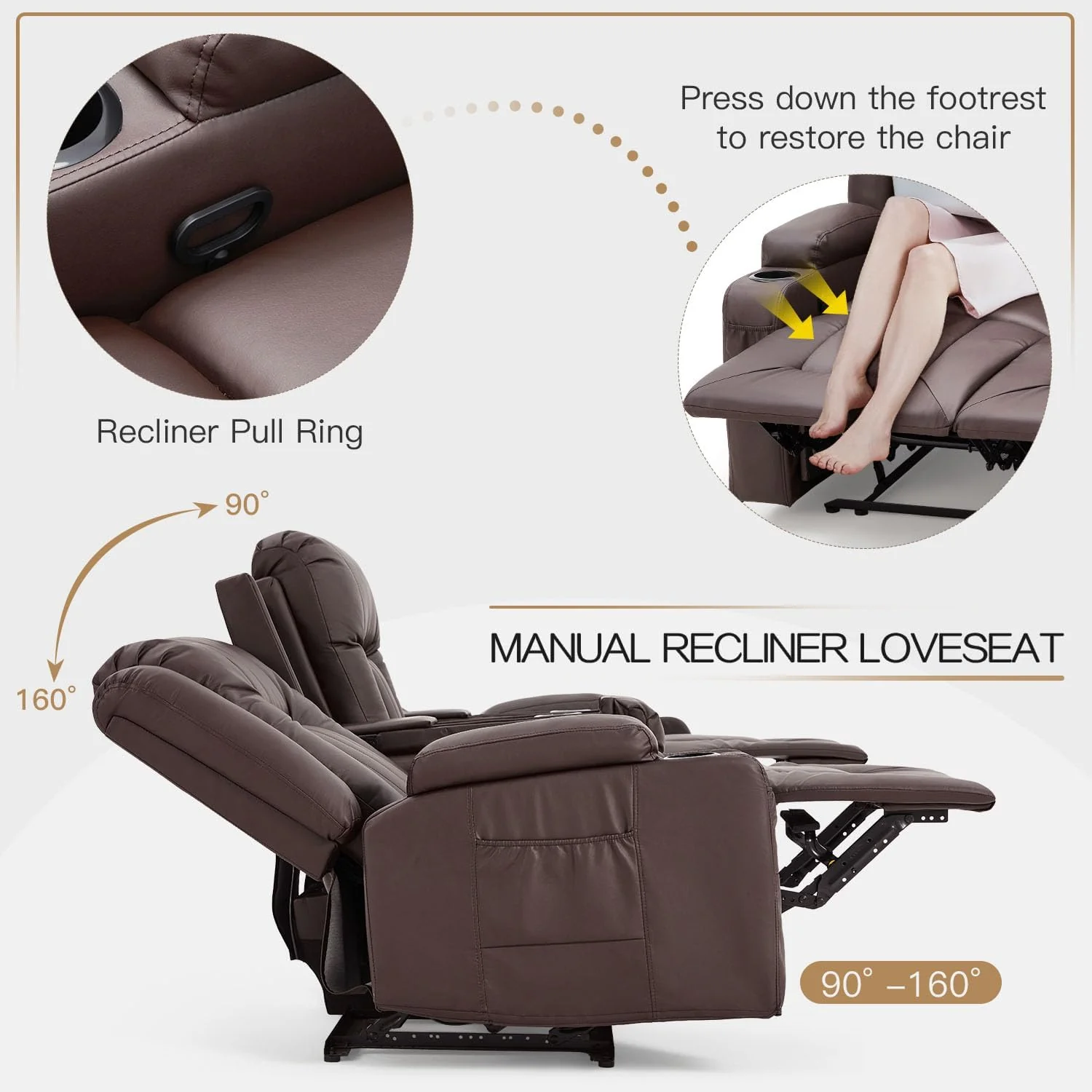 AECOJOY 3 Seater Recliner Sofa with 2 Console&Bluetooth Speakers, Brown