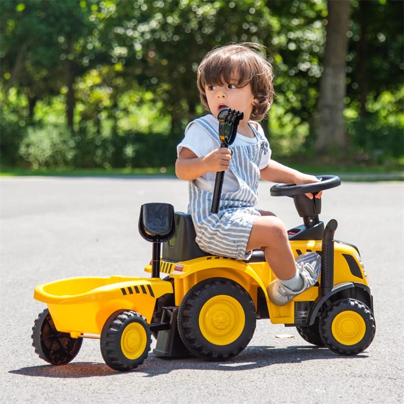 Kids Ride on Tractor 2-in-1 Licensed Caterpillar Foot-to-Floor Toy Construction Vehicle w/ Detachable Trailer, Shovel, Rake & Lights, Toddler Push Car