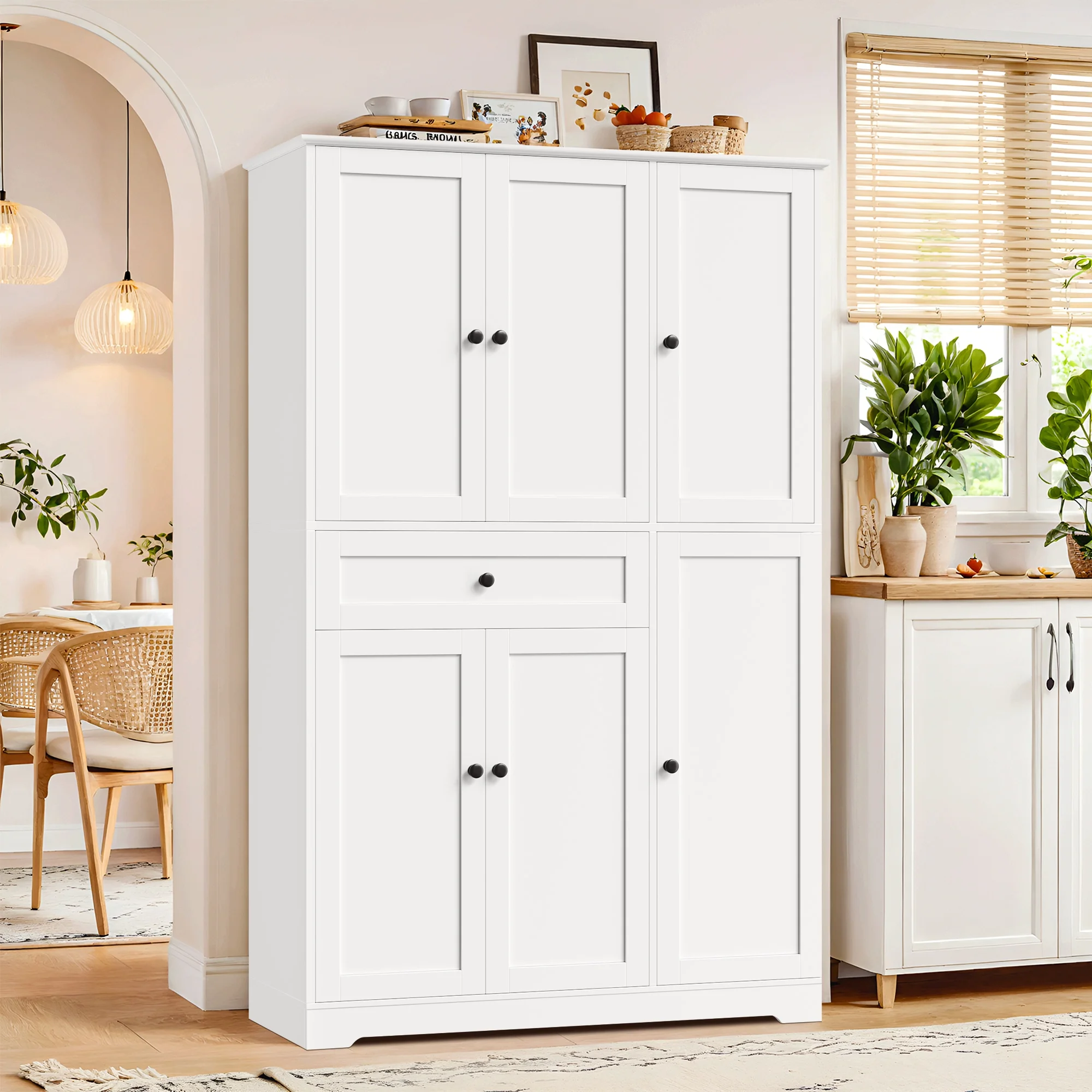 Kitchen Pantry Storage Cabinet, 68" Food Pantry Cabinet with Drawer and Door Shelf, 6 Door Freestanding Cupboard Buffet for Dining Room, White(White) - Image 10