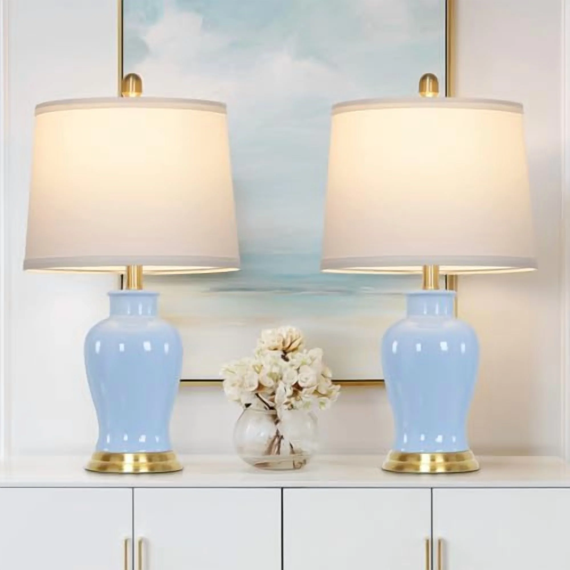 Modern Ceramic Table Lamps Set of 2, 23" White Ceramic Lamps for Living Room, Rustic Farmhouse Bedside Lamp with Ginger Jar Design, Elegant Bedroom Lamp for Nightstand Desk Side End Table Home Decor(Pink-Flower Lampshade) - Image 10