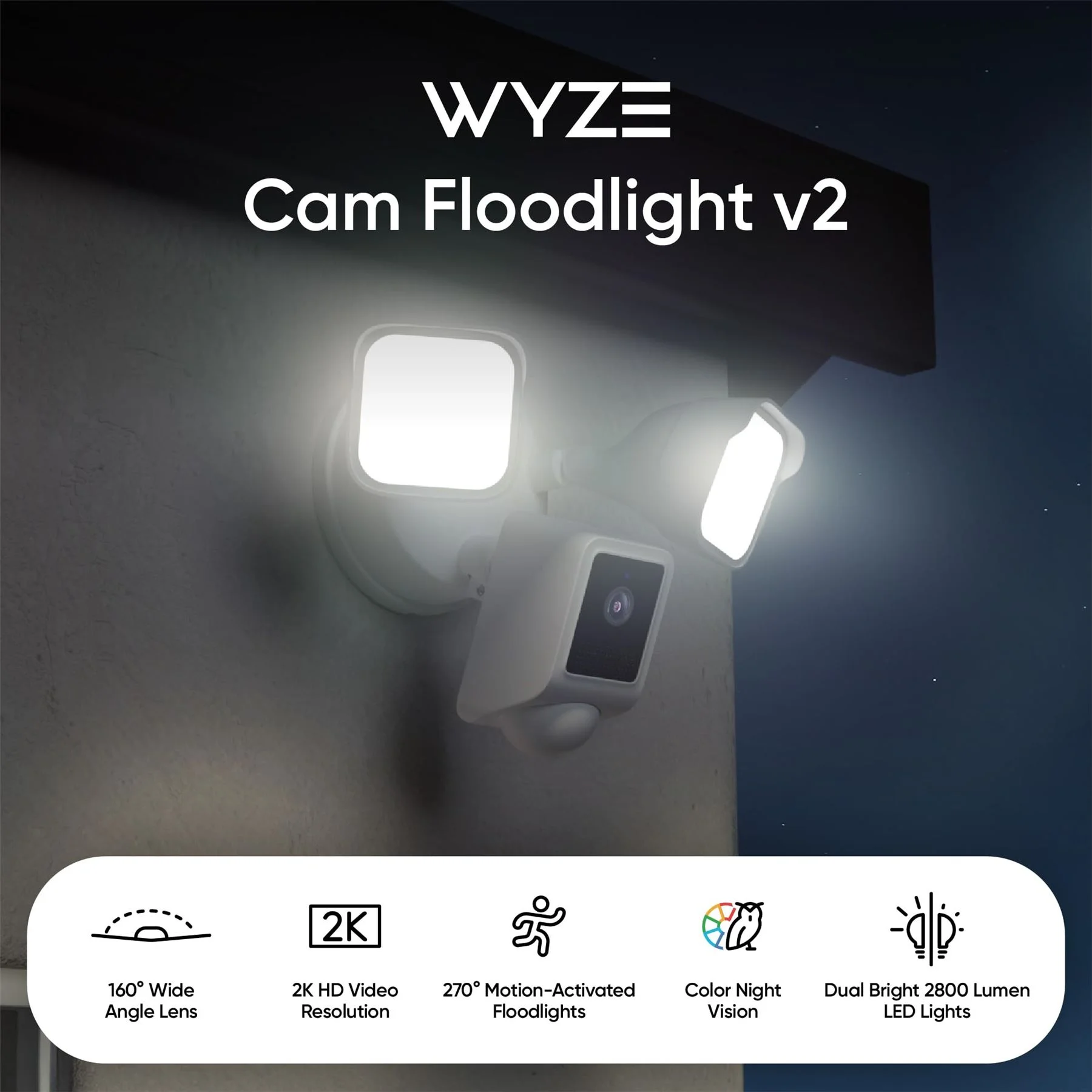 Wyze Floodlight Camera V2, 2800 - Lumen Leds, 2K HD Outdoor Security Camera, 160 Deg View, Motion Activated Light, 105db Siren, Color Night Vision, Wired