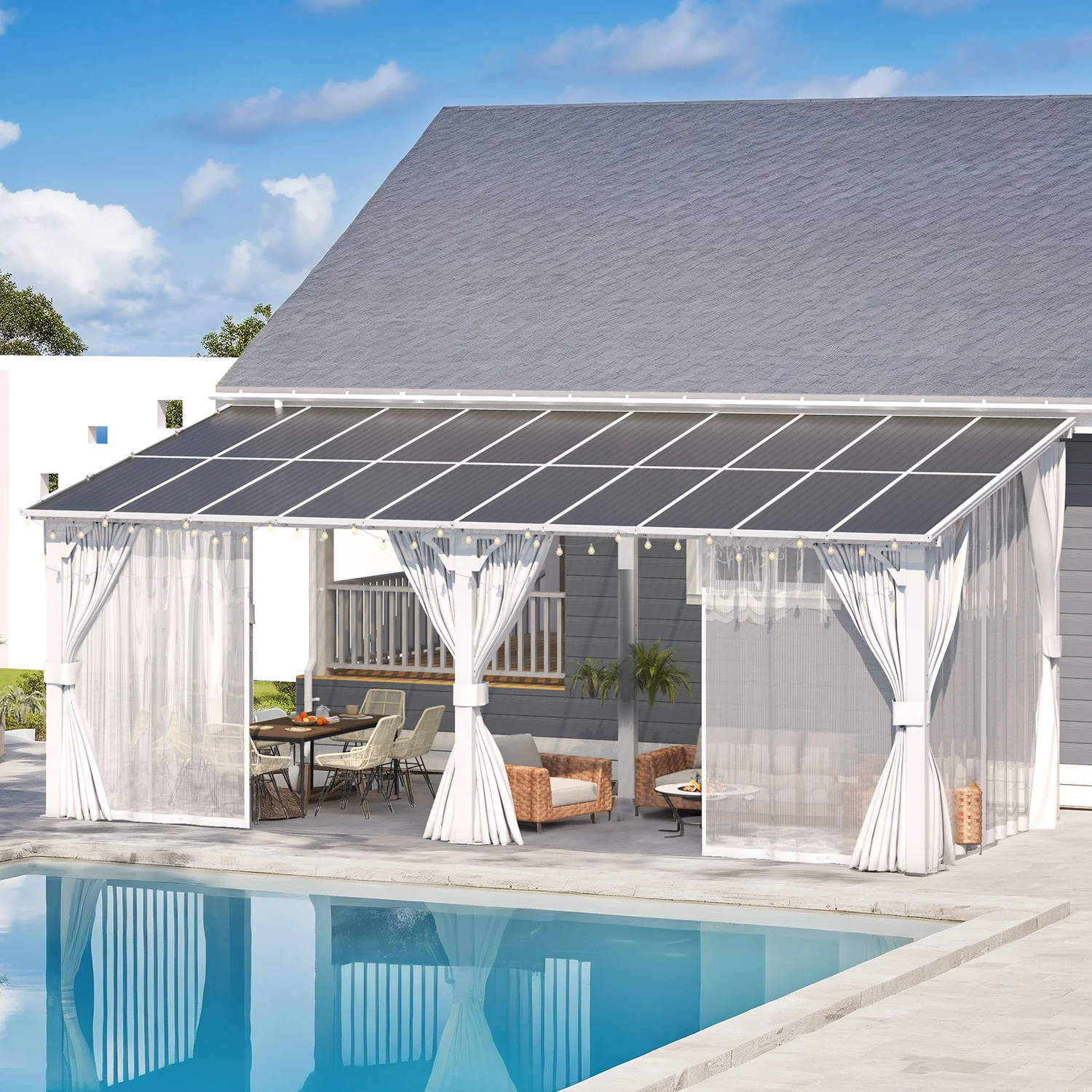 AECOJOY 20'x8' Wall Gazebo with Curtains and Mosquito Netting, White
