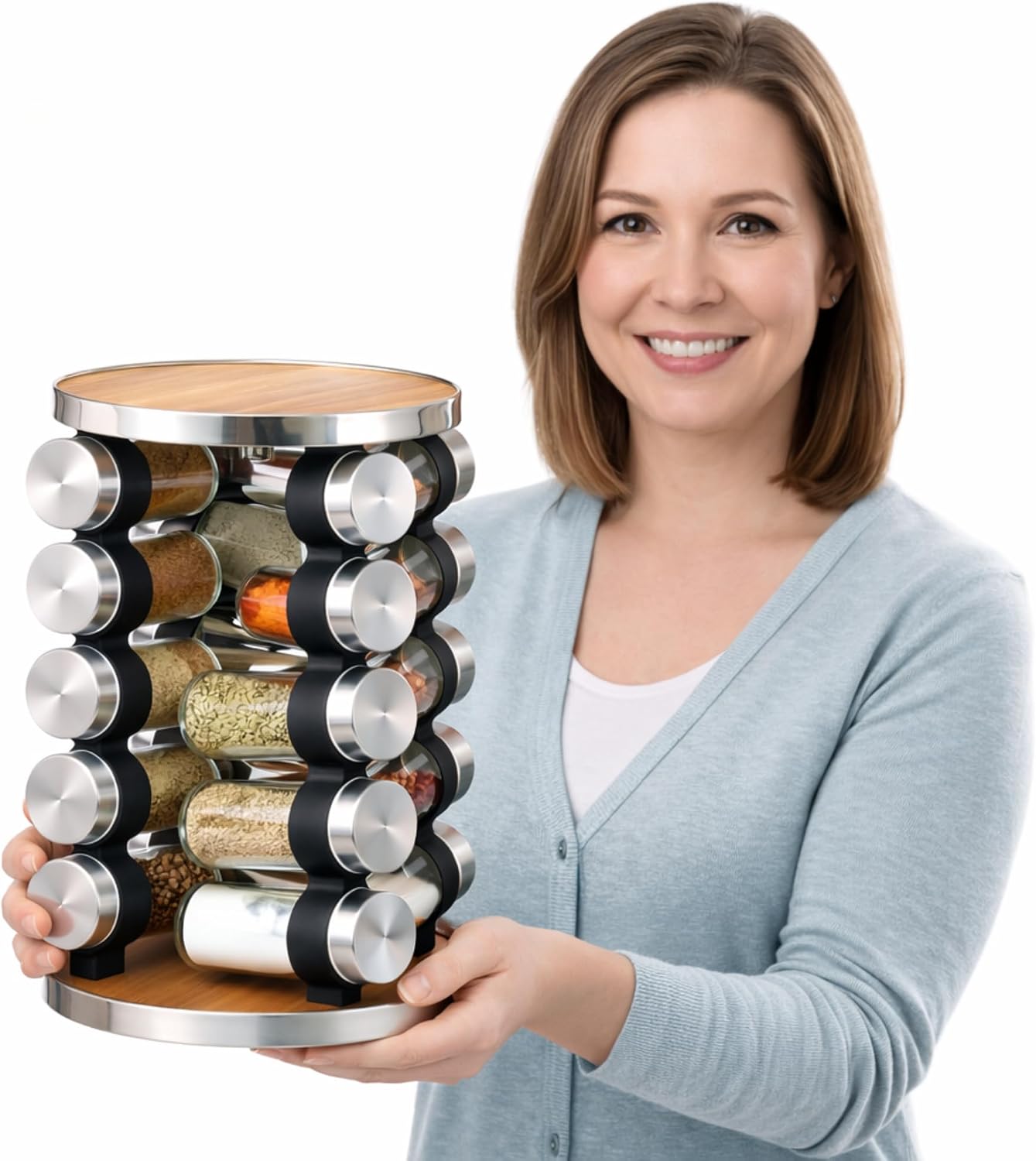 20 Jar Rotating Spice Rack, Wood & Stainless Steel Countertop