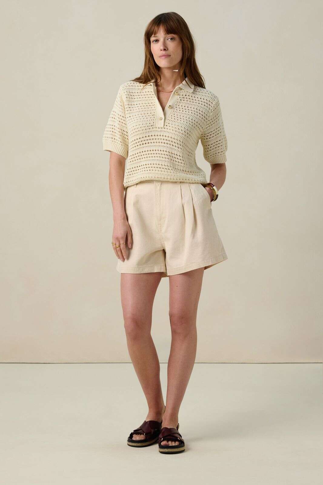 Witte open gebreide polo