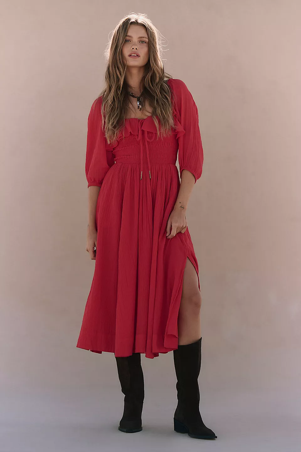 Oasis Smocked Cotton Midi Dress - Red