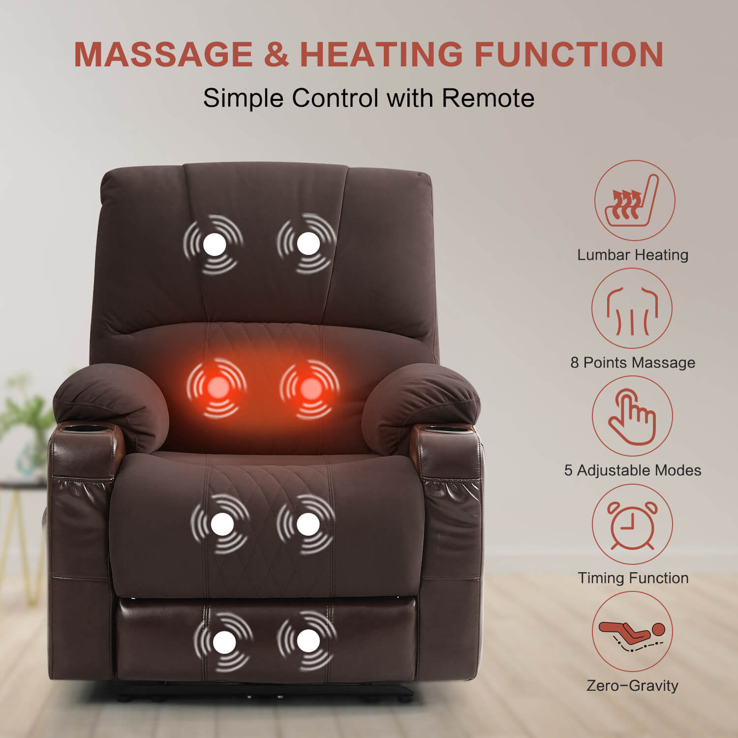 Fauteuil inclinable électrique avec chauffage et massage, format compact