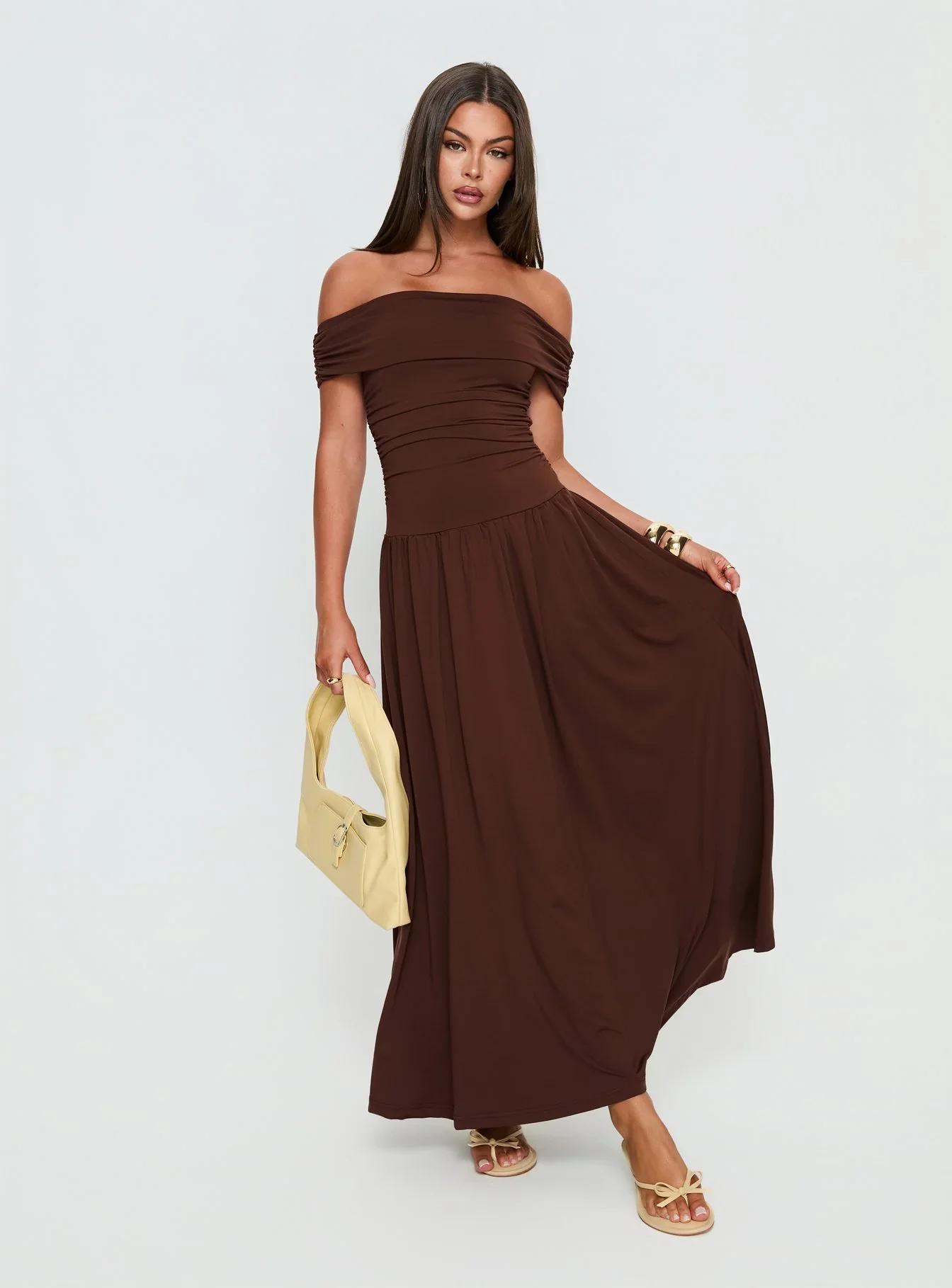 Katalia Off Shoulder Maxi Dress Chocolate Brown