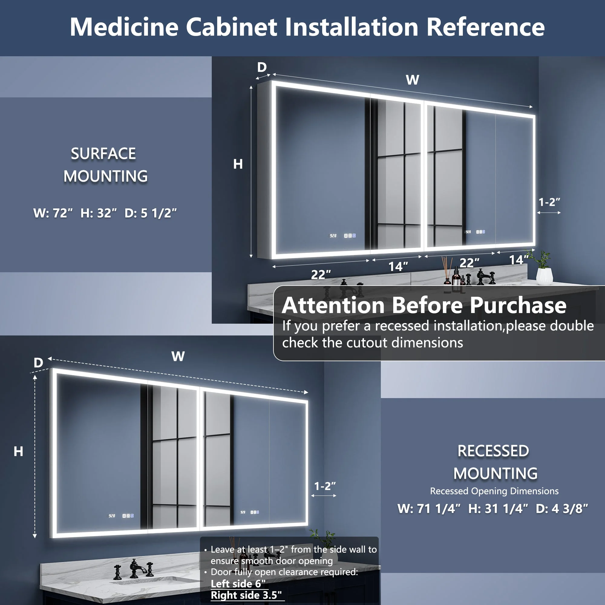 Rim 72" W x 32" H Lighted Medicine Cabinet Recessed or Surface LED Medicine Cabinet with Outlets USBs - Image 2