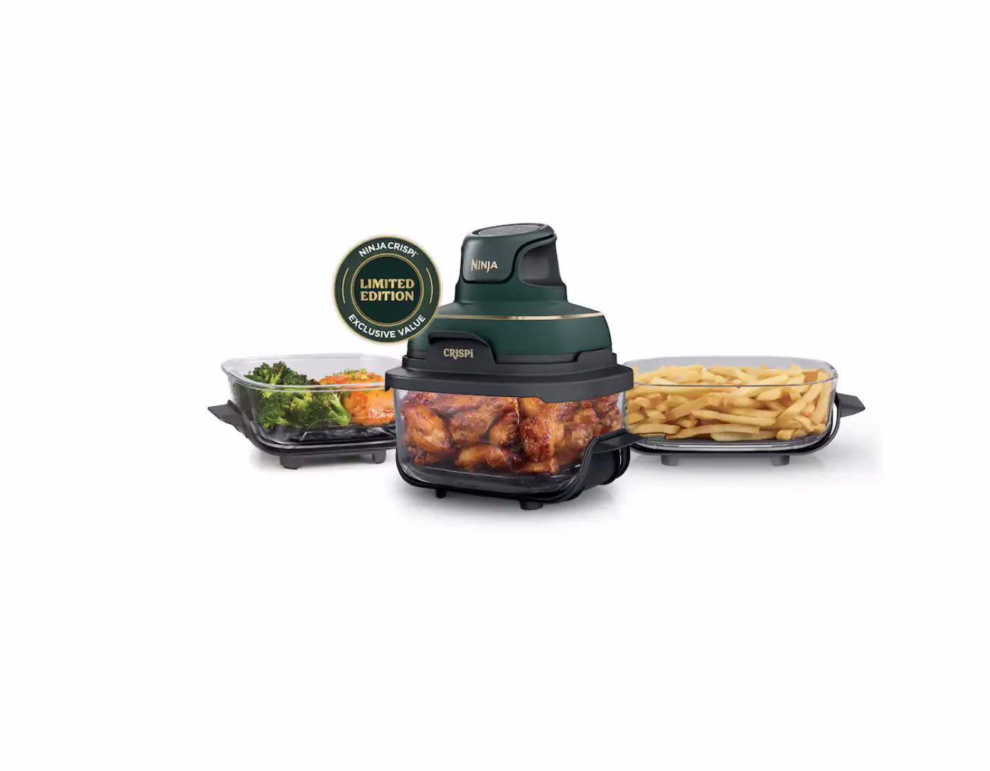 Ninja Crispi 5 - in - 1 Portable Glass Air Fryer Cooking System FN103BF, British Racing Green with Soft Gold Trim, 1500W, New