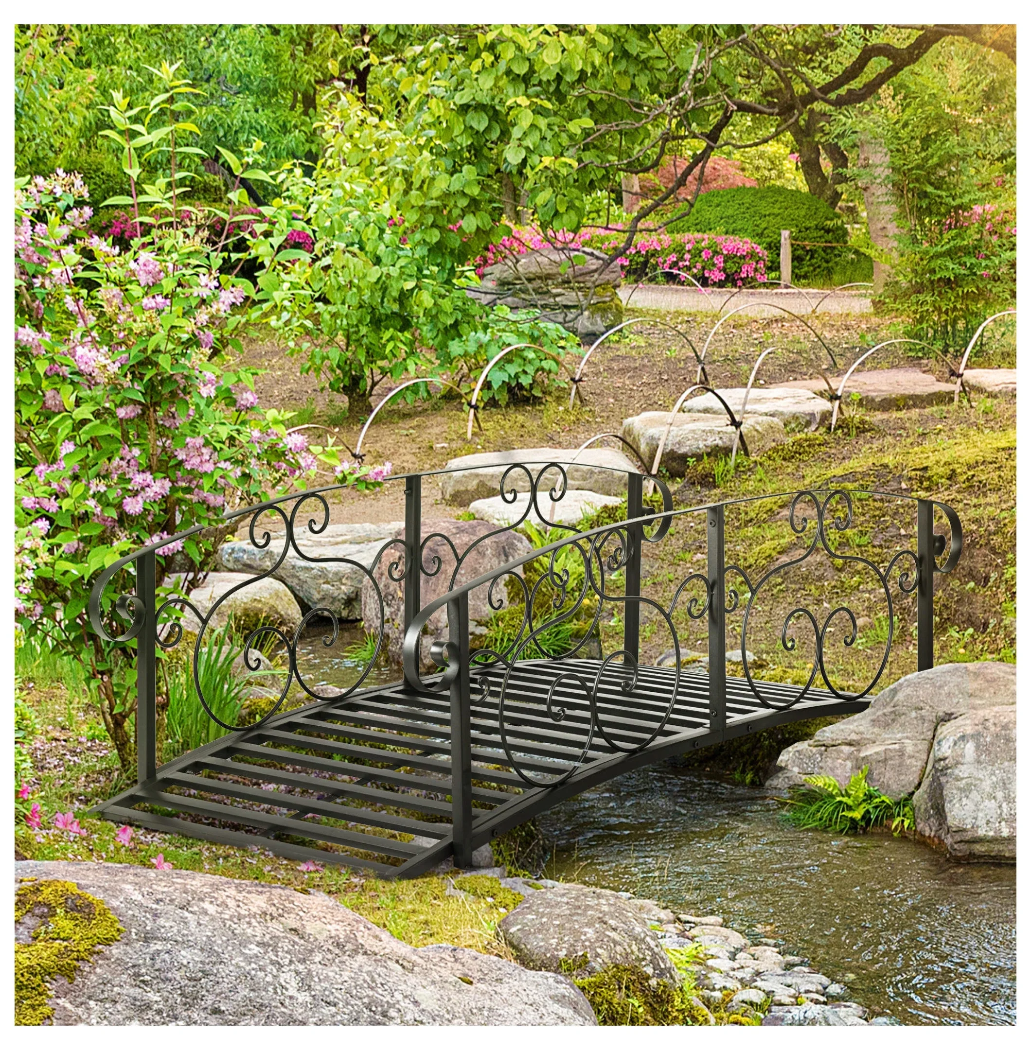 6' Metal Arch Backyard Garden Bridge, Safety Siderails, Arc Footbridge for Backyard Creek, Stream, Pond, Black Black + Steel
