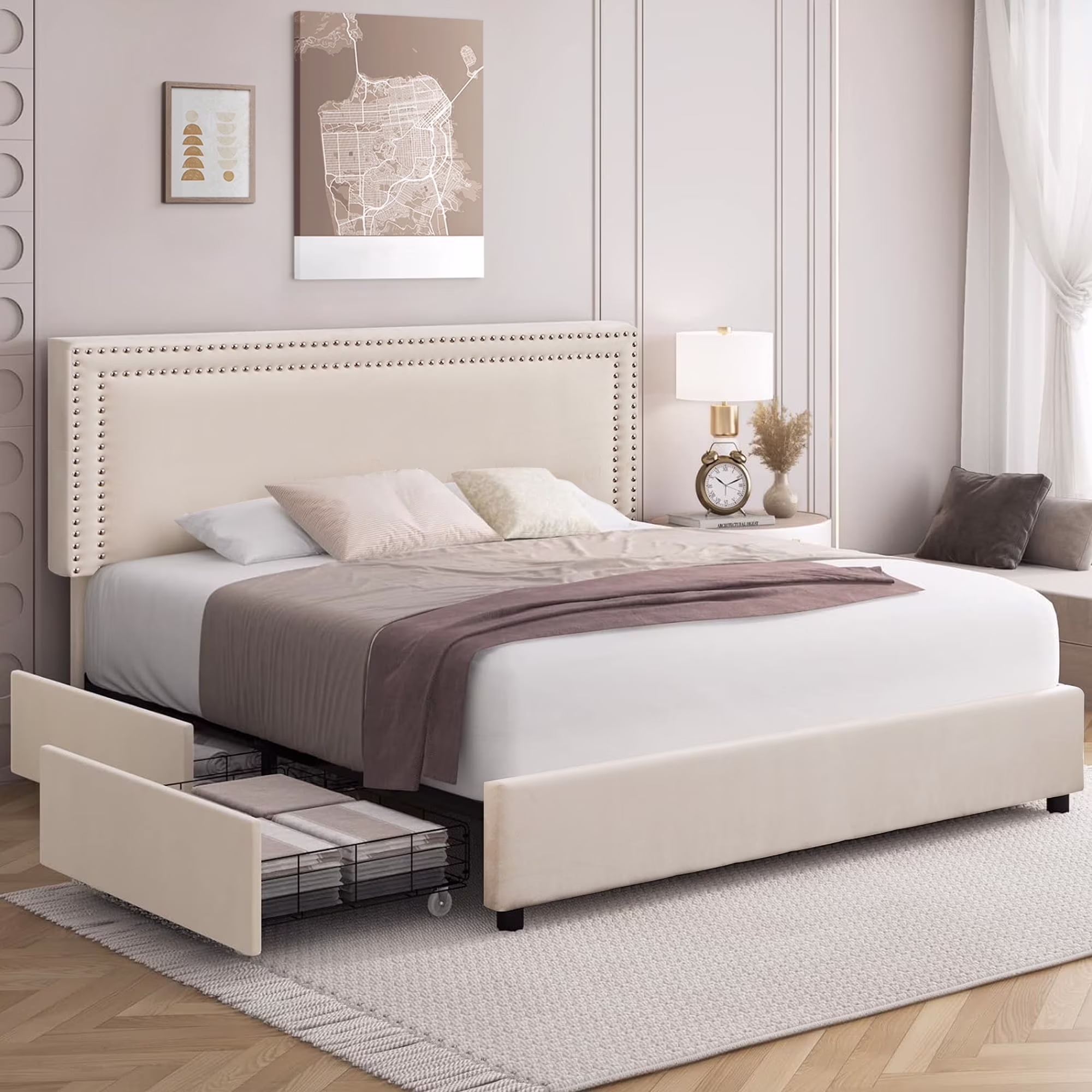 Full Bed Frame with 4 Storage Drawers (Wheeled) and Tufted Upholstered Adjustable Headboard Platform Bed, Beige(Full/Beige)
