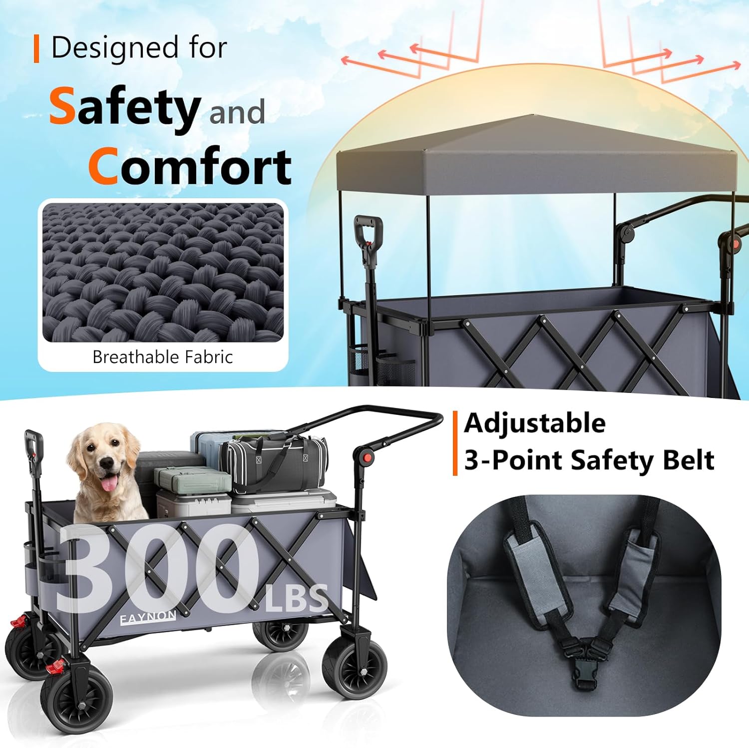 3 in 1 Collapsible Wagon with 300lbs Weight Capacity, 150L Heavy Duty Utility Cart with Removable Canopy, with Large All-Terrain Beach Wheels & Drink Holders, Gray