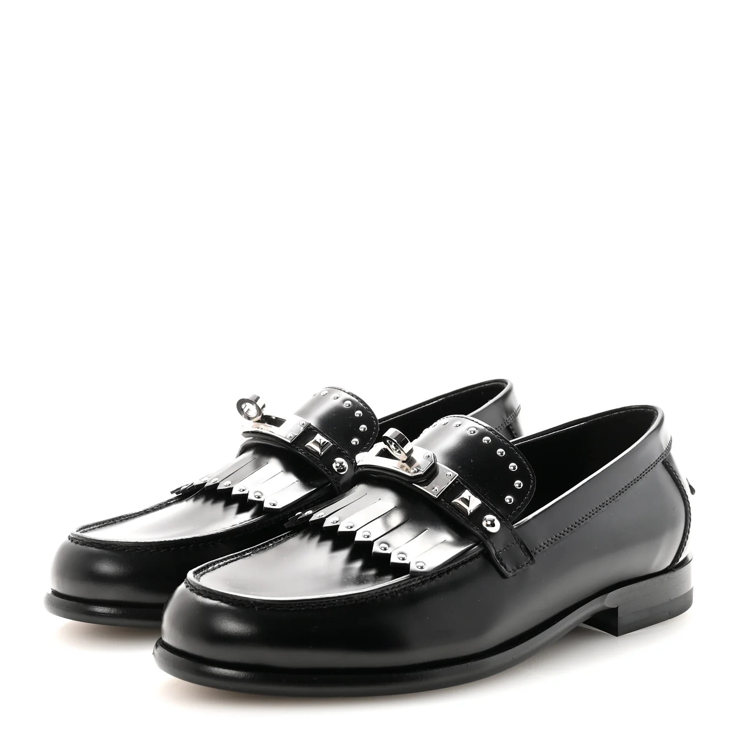 Glazed Calfskin Medor Studded Fringe Womens Destin Loafer 35 Black