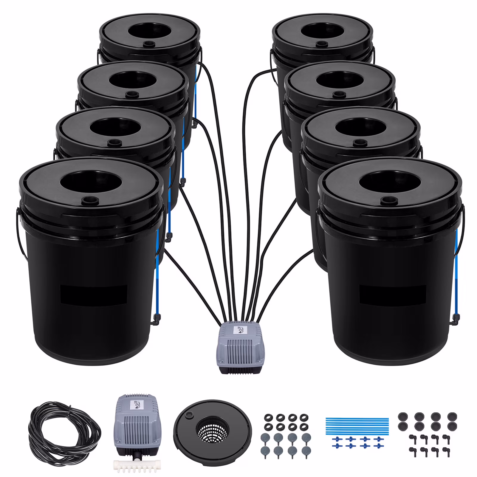 DWC Cultivation System, 8 Containers of 5 Gallons, Deep Water Cultivation Planting Bucket, Hydroponic Cultivation Set with Pump, Air Stone and Water Measurement Tool