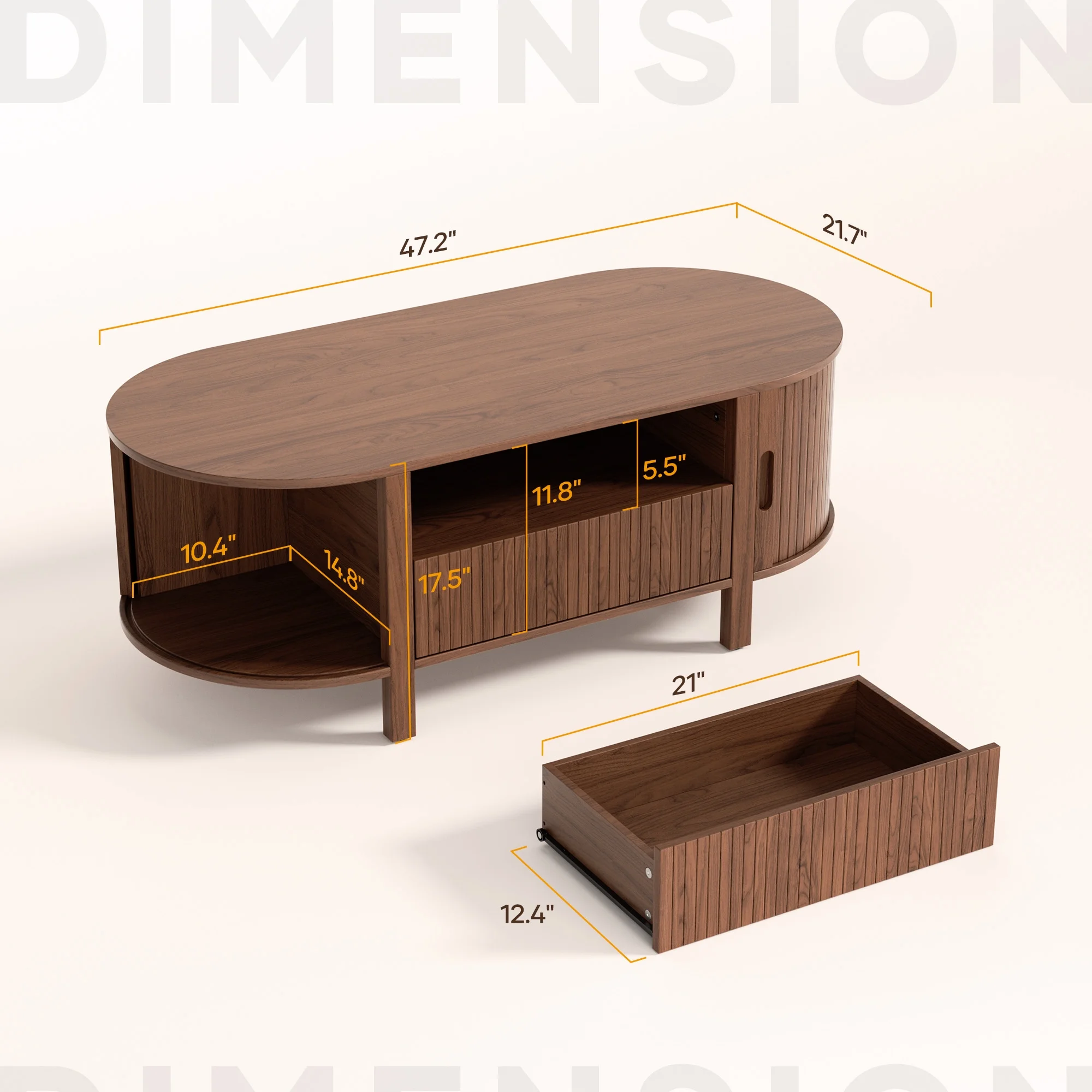 Coffee Table with Storage, Tambour Sliding Door, Open Shelf, Mid Century Modern Center Table with Drawer for Living Room, Walnut(Walnut) - Image 9