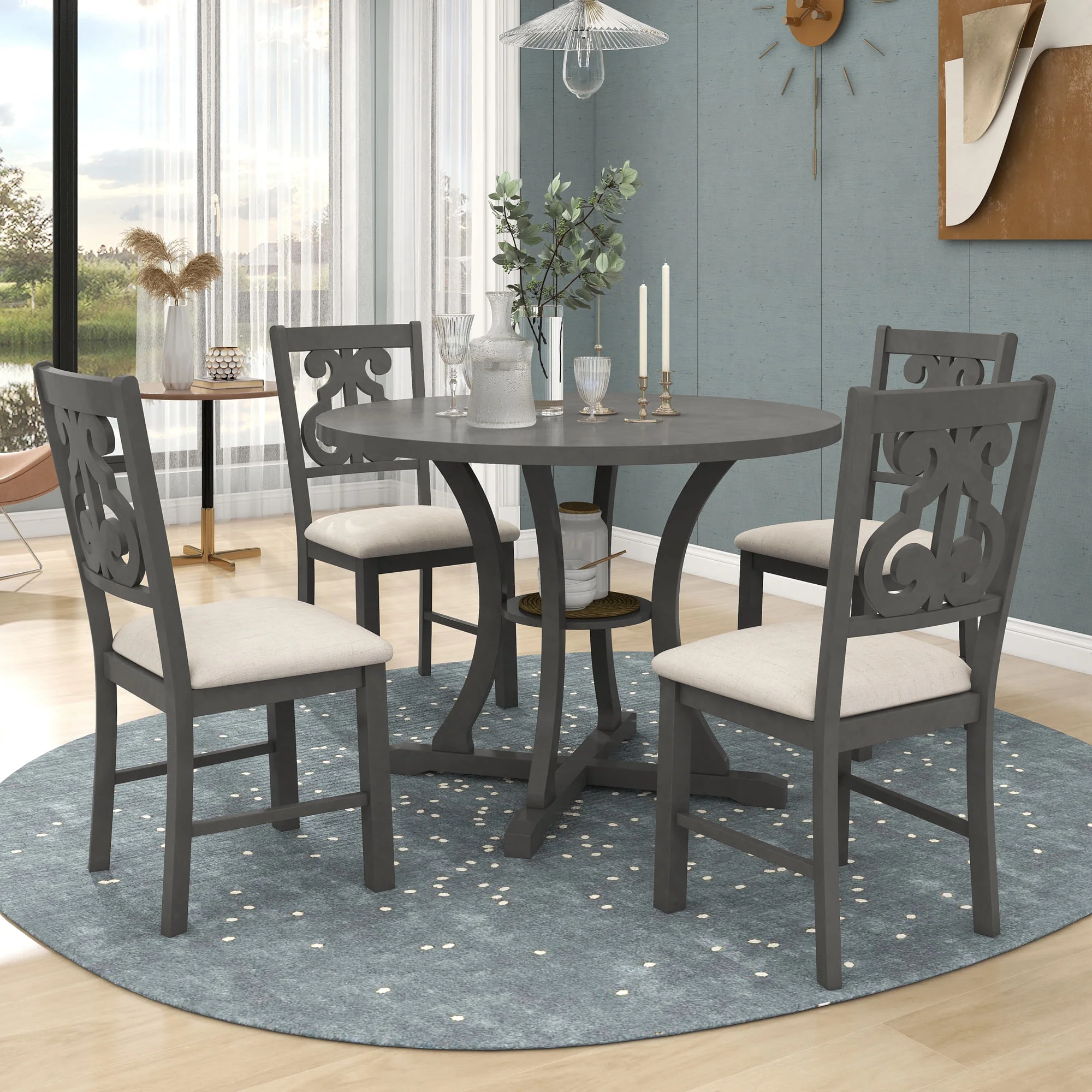 5 Pieces Wooden Round Dining Table and Chair Set with Special-shaped Legs and an Exquisitely Designed Hollow Chair Back for Dining Room(# 3:Gray (Round)) - Image 2