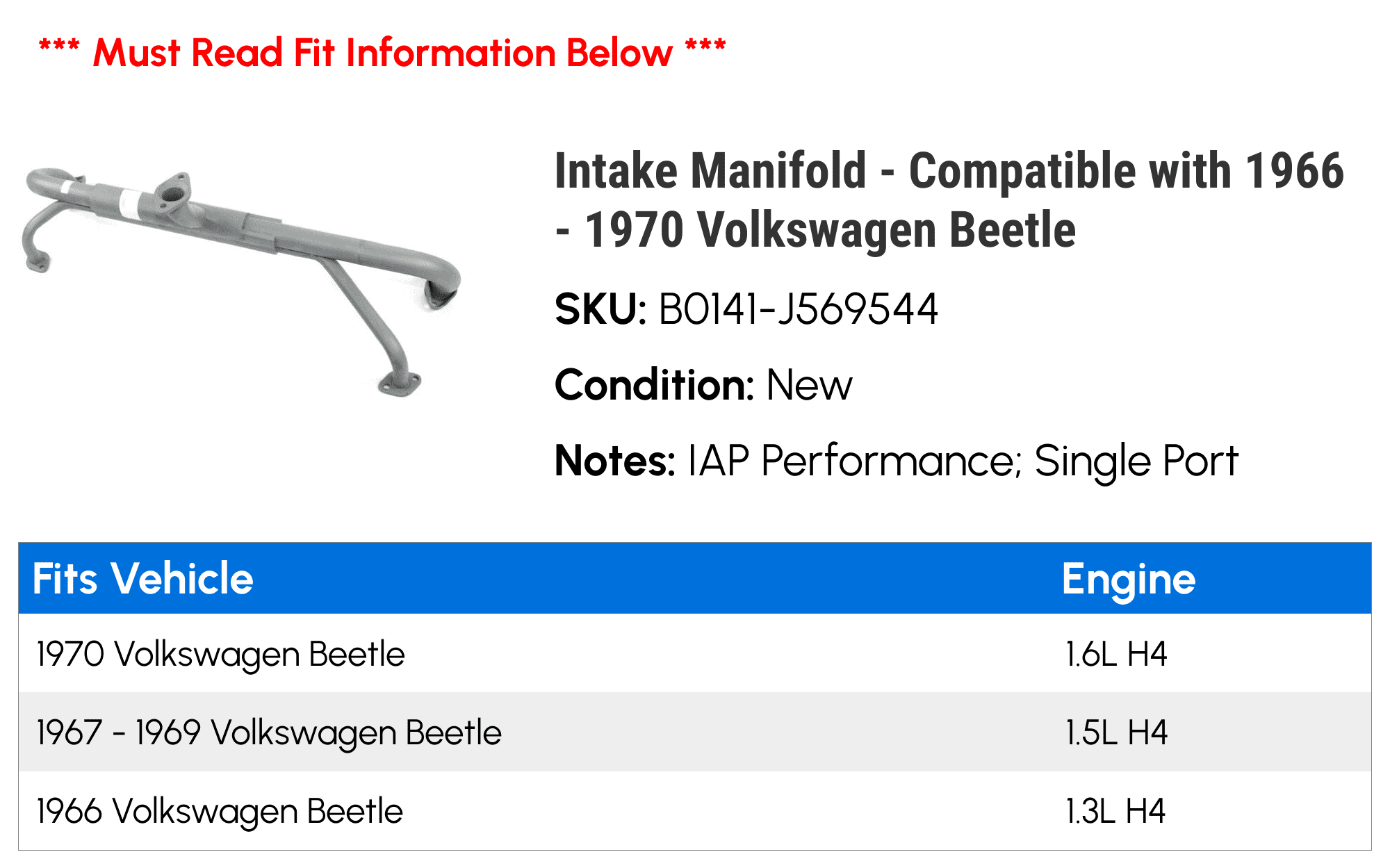 Intake Manifold Compatible with 1966 1970 Volkswagen Beetle 1967 1968 1969 - Image 2