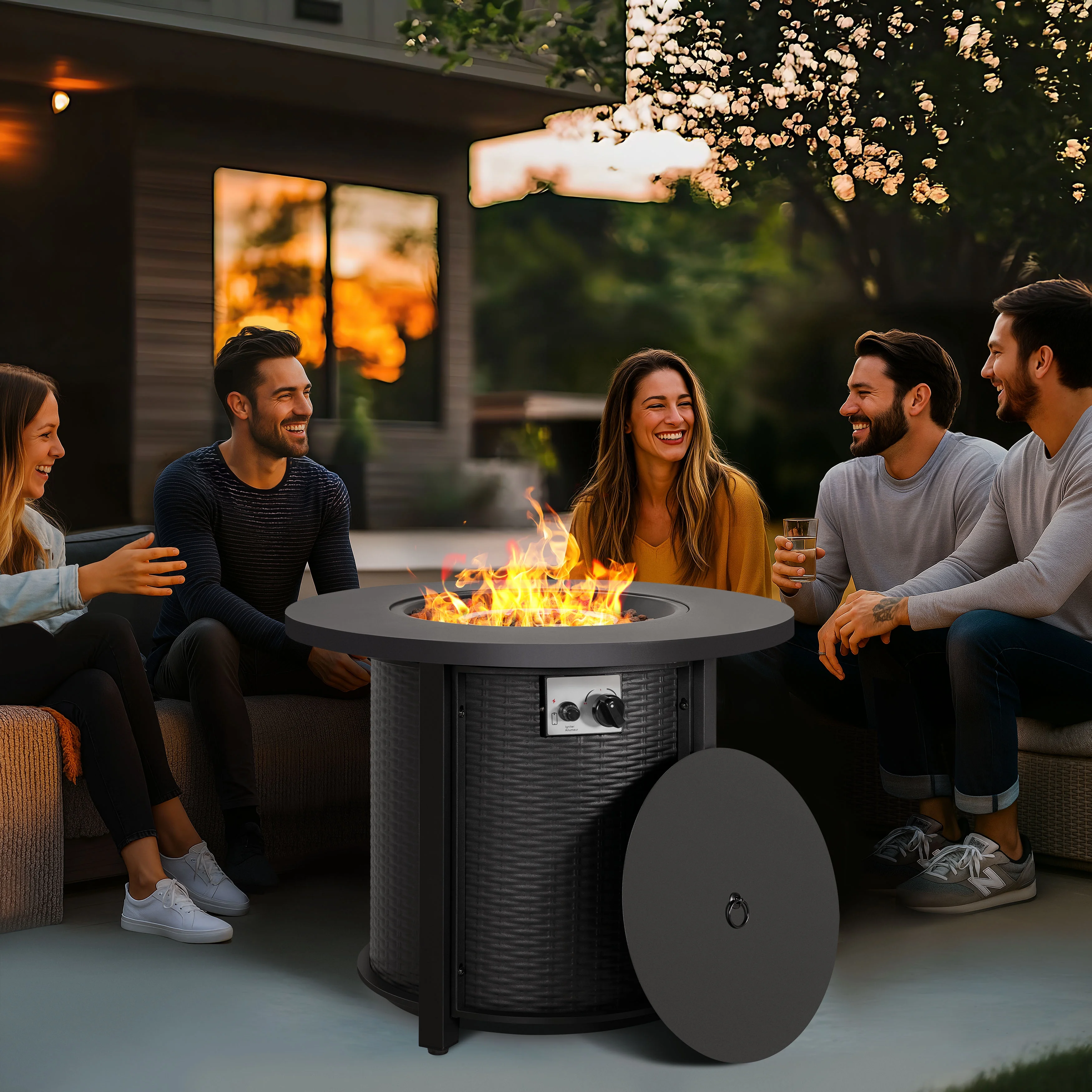 Outdoor Metal 30'' Round Propane Fire Pit Table with Rattan Embossed Pattern, CSA-Certified 2 in 1 Round Gas Fire Pit Table with Lid Lava Rocks, Patio Round Gas Fire Pit, Black - Image 2