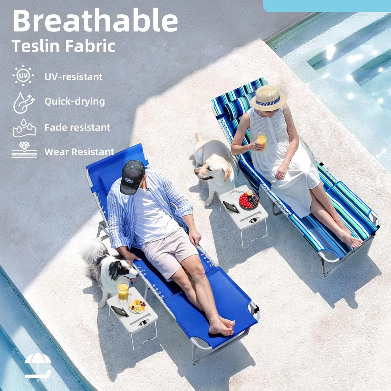 3-in-1 Outdoor Sun Tanning Lounge Chair with Face Hole  5-Position Recliner, Folding Side Table & Removable Pillow, 330lbs Capacity, Blue