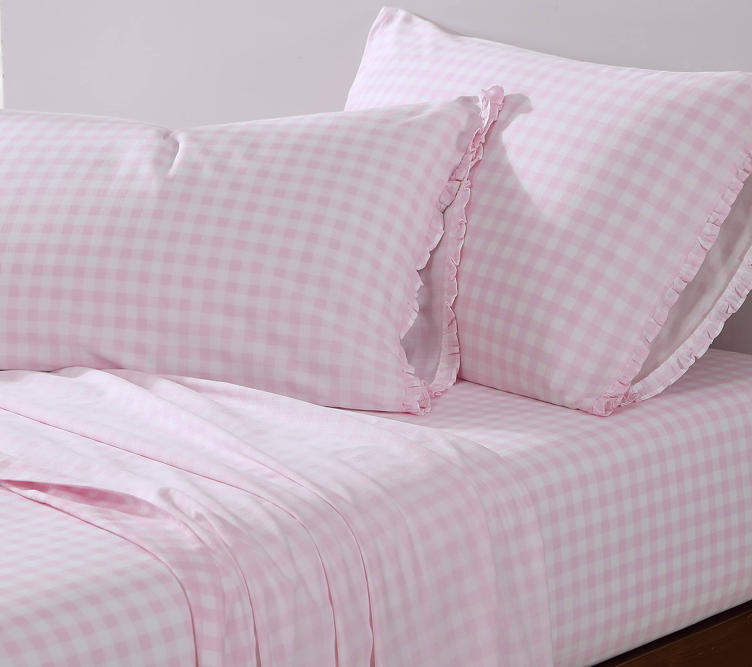 Shabby Chic - Full Sheets, Soft & Breathable Organic Cotton Bedding Set, Classic Style Home Decor with Ruffled Pillowcases (Gingham Pink, Full)