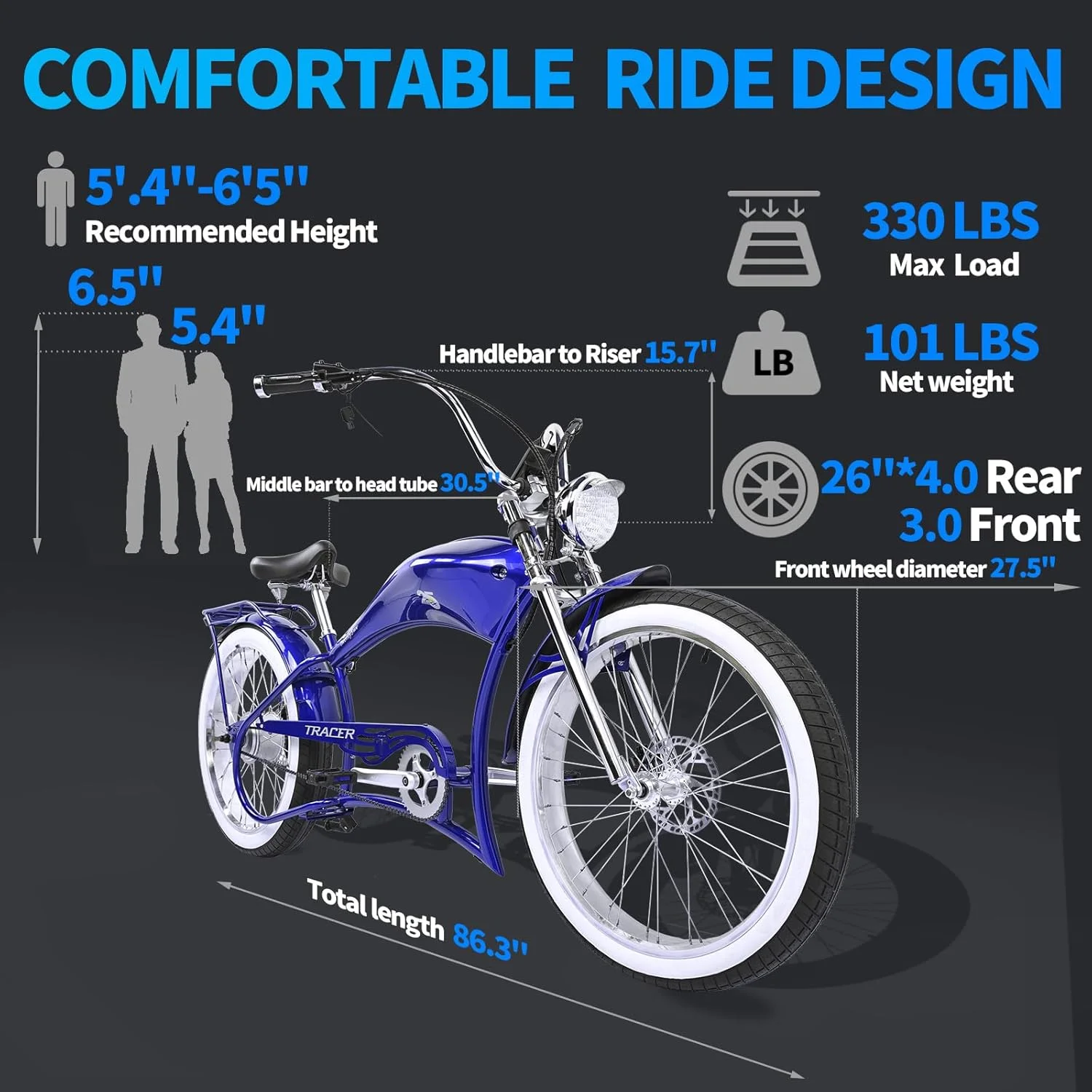 Twenty5 GT 800W Chopper Stretch Cruiser Ebike, 26" Wheels, Supsension Triple Tree Fork, White Wall Tire, Disc Brake, for Men, Blue Image 7