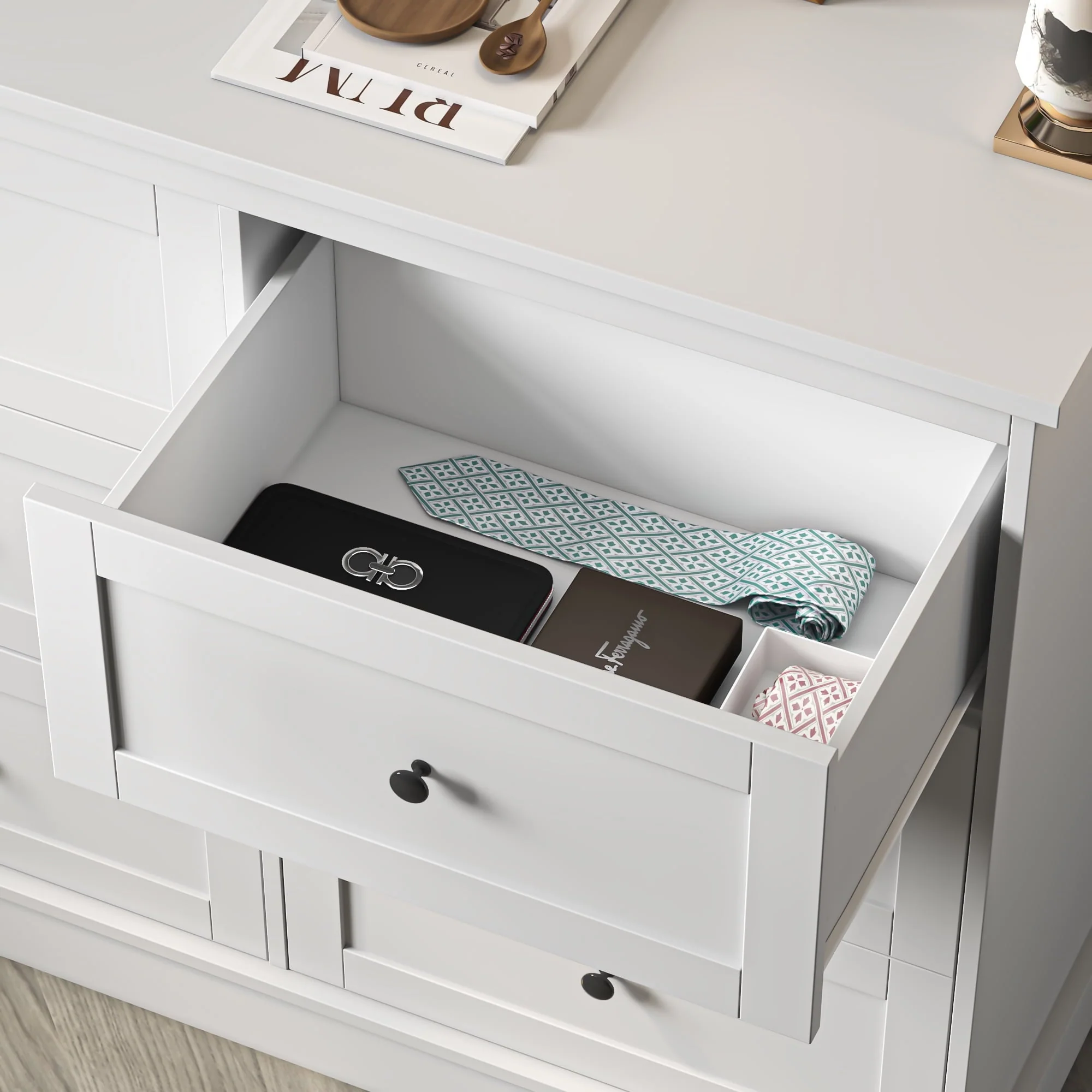 6 Drawer Double Dresser White, Wood Storage Cabinet for Living Room, Chest of Drawers for Bedroom Image 6