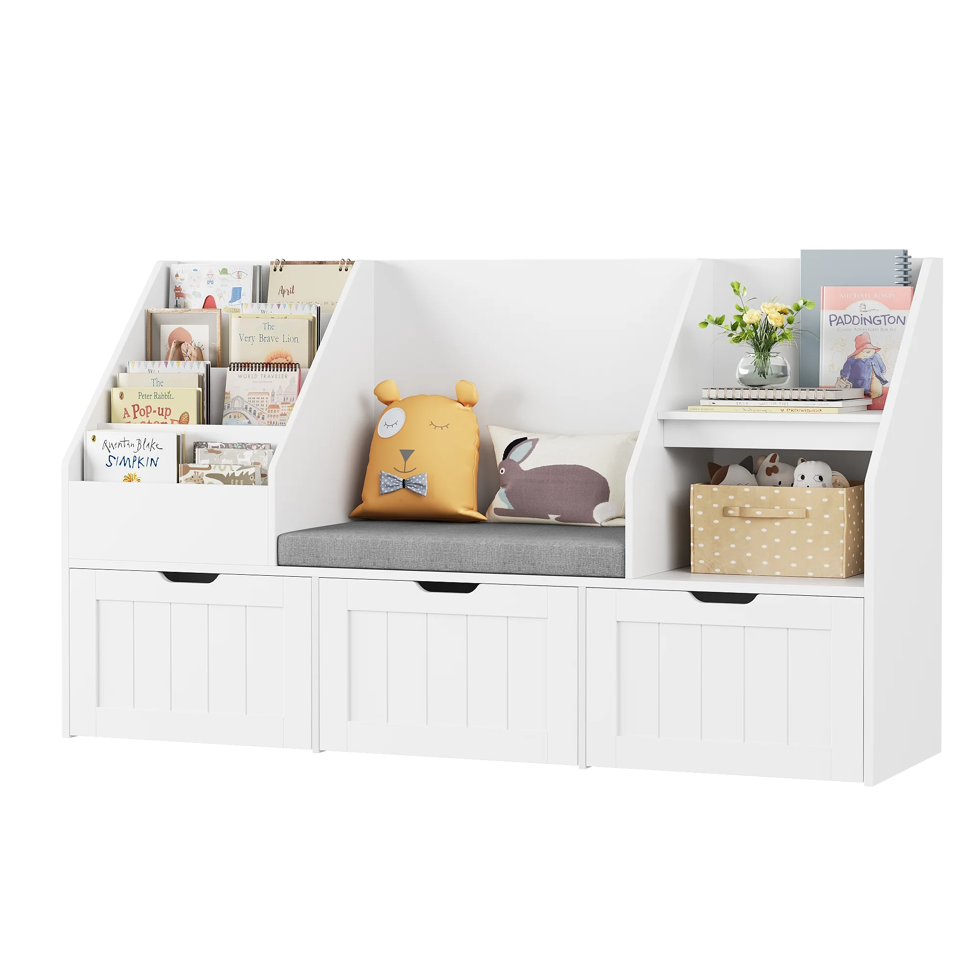 Kids Bookshelf with Reading Nook 3 Movable Drawers, 2 Cube Bookcase with 4-Tier Book Racks, Toy Storage Organizer for Playroom Bedroom, White(White) - Image 9